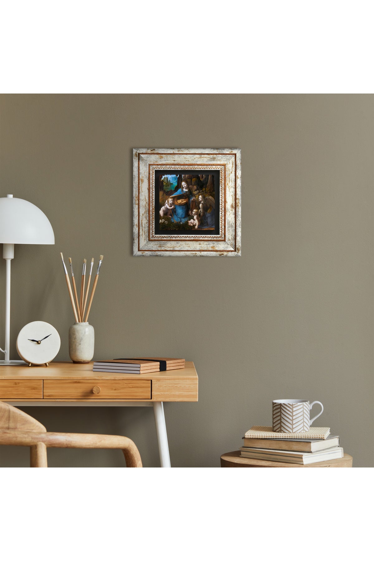 Leonardo da Vinci Kayalıklar Bakiresi Taş Duvar Tablosu - Çerçeveli Taş Tablo - Dekoratif Duvar Sanatı - Modern Ev ve Ofis Duvar Dekoru TK1-272