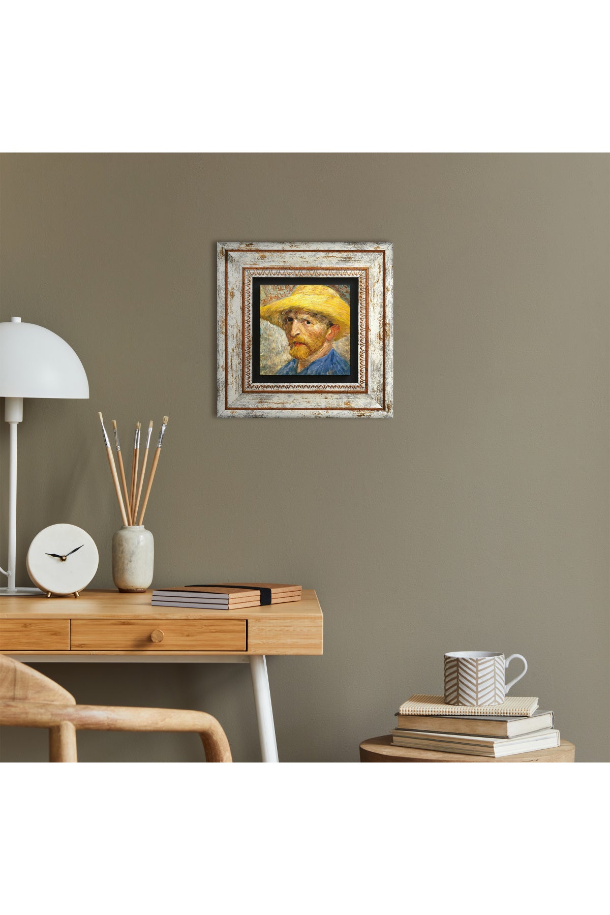 Van Gogh Hasır Şapkalı Otoportre Taş Duvar Tablosu - Çerçeveli Taş Tablo - Dekoratif Duvar Sanatı - Modern Ev ve Ofis Duvar Dekoru TK1-285