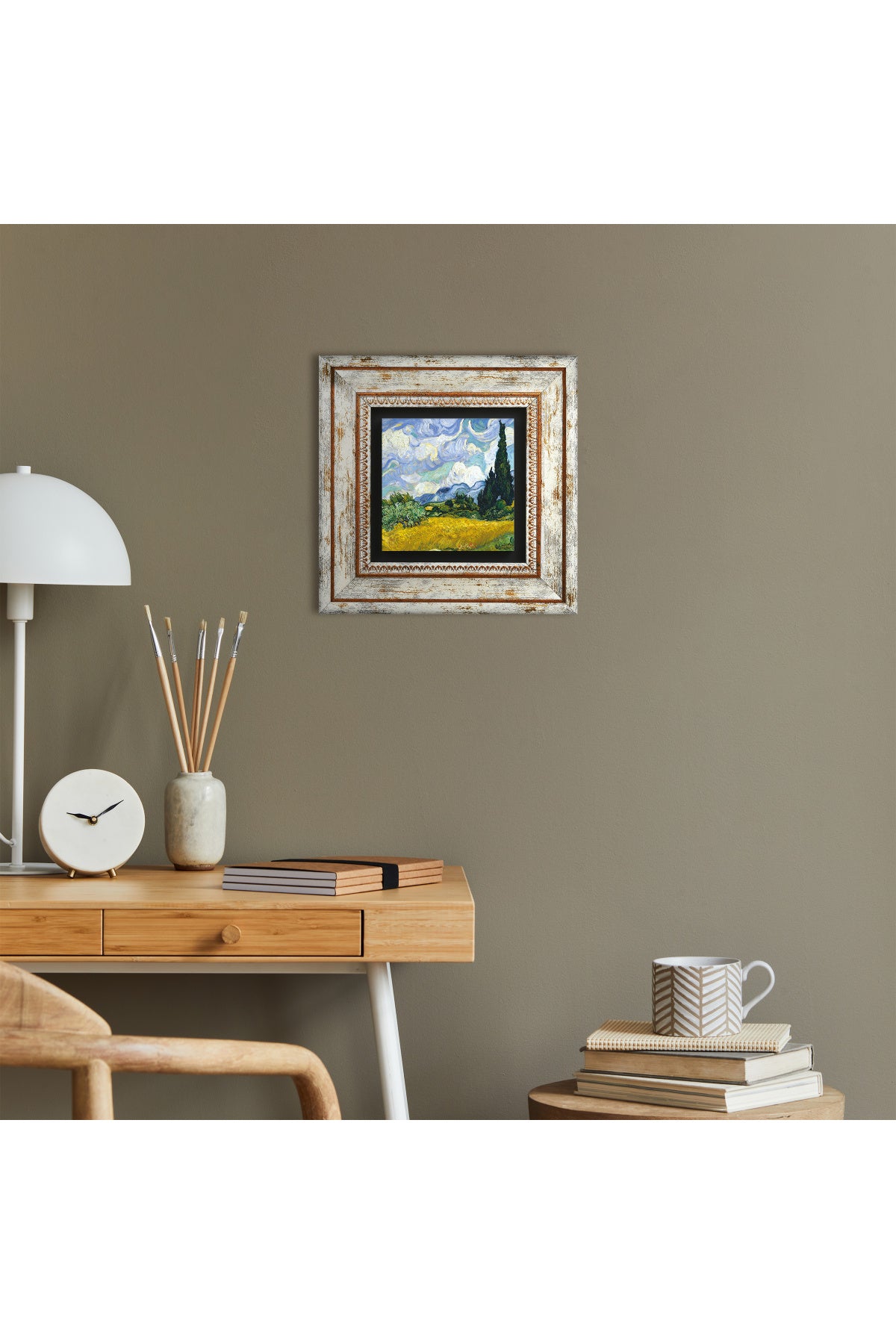 Van Gogh Selvi Ağaçlı Buğday Tarlası Taş Duvar Tablosu - Çerçeveli Taş Tablo - Dekoratif Duvar Sanatı - Modern Ev ve Ofis Duvar Dekoru TK1-298