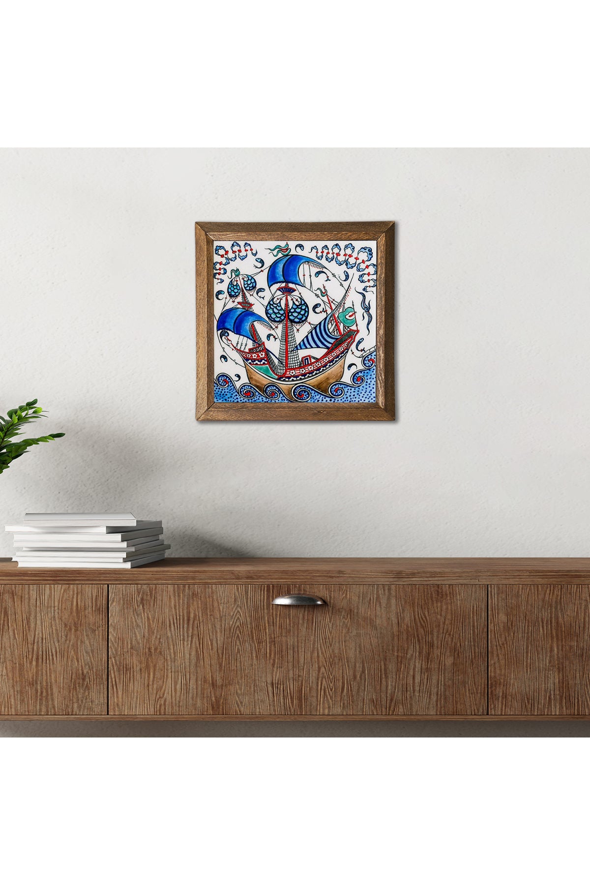 Çini Sanatı Yelkenli Gemi Taş Duvar Tablosu - Ahşap Çerçeveli Taş Tablo - 25x25 cm - Dekoratif Duvar Sanatı - Modern Ev ve Ofis Duvar Dekoru -W1-183