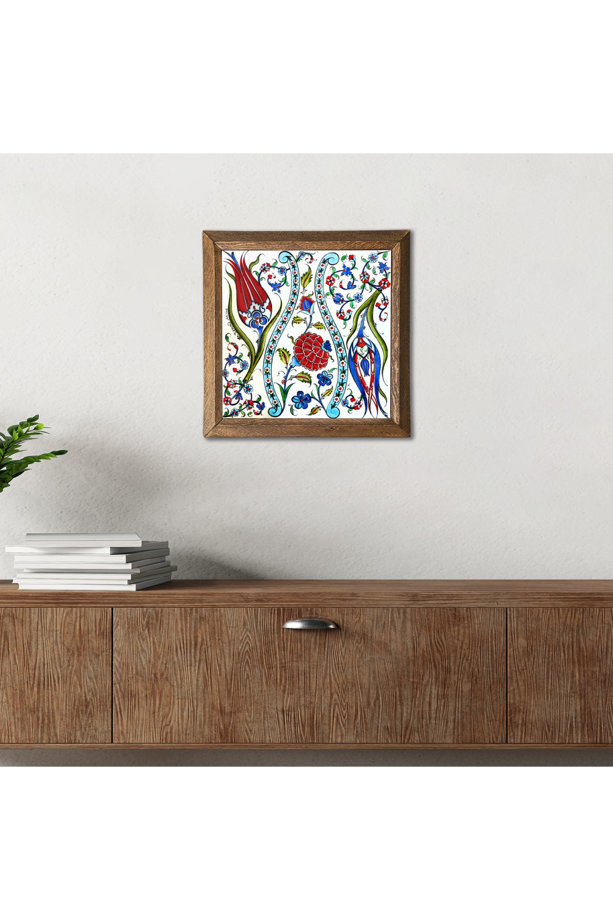Çini Sanatı Lale Taş Duvar Tablosu - Ahşap Çerçeveli Taş Tablo - 25x25 cm - Dekoratif Duvar Sanatı - Modern Ev ve Ofis Duvar Dekoru -W1-185