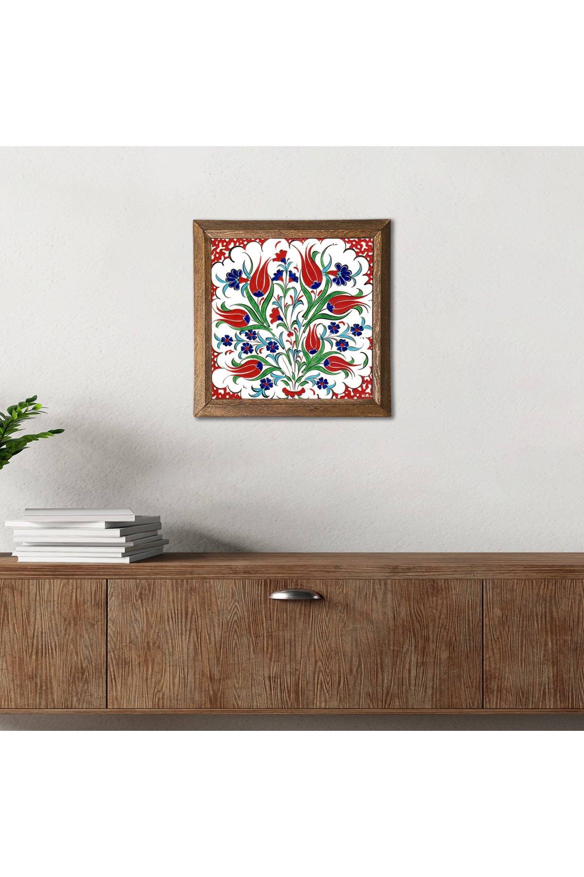 Çini Sanatı Lale Taş Duvar Tablosu - Ahşap Çerçeveli Taş Tablo - 25x25 cm - Dekoratif Duvar Sanatı - Modern Ev ve Ofis Duvar Dekoru -W1-186