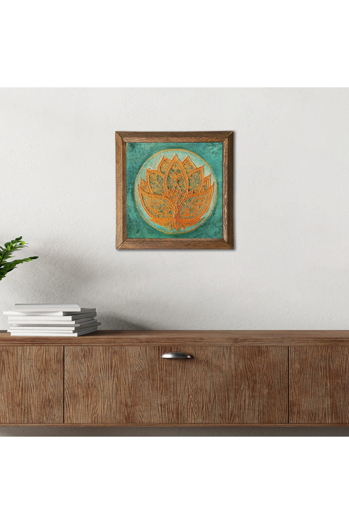 Lotus Çiçeği Taş Duvar Tablosu - Ahşap Çerçeveli Taş Tablo - 25x25 cm - Dekoratif Duvar Sanatı - Modern Ev ve Ofis Duvar Dekoru -W1-189