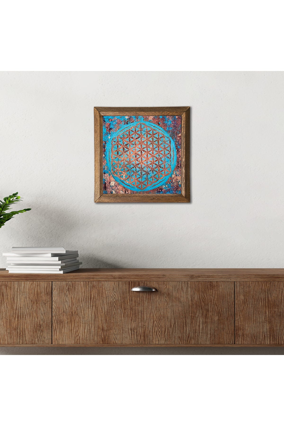 Yaşam Çiçeği Taş Duvar Tablosu - Ahşap Çerçeveli Taş Tablo - 25x25 cm - Dekoratif Duvar Sanatı - Modern Ev ve Ofis Duvar Dekoru -W1-190