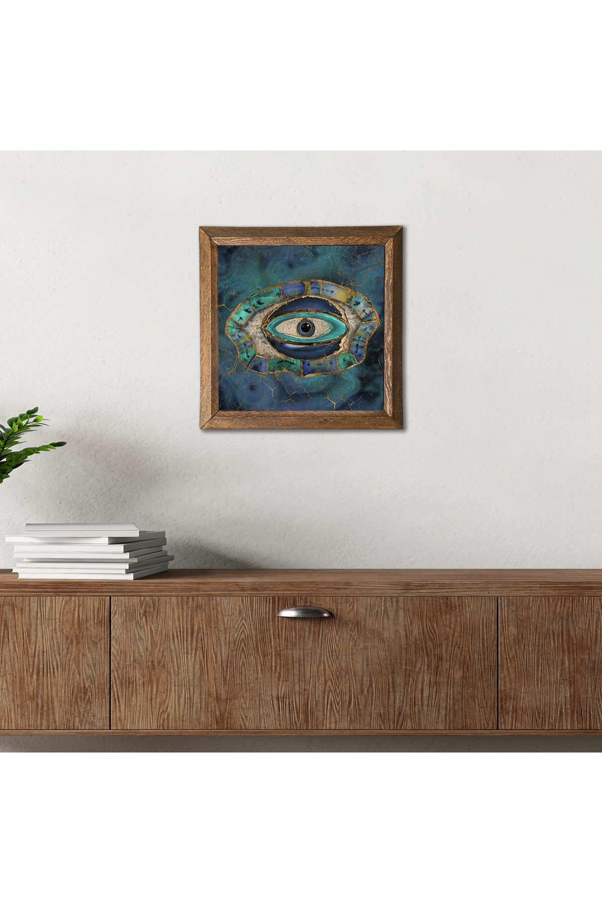Nazar Göz Taş Duvar Tablosu - Ahşap Çerçeveli Taş Tablo - 25x25 cm - Dekoratif Duvar Sanatı - Modern Ev ve Ofis Duvar Dekoru -W1-200