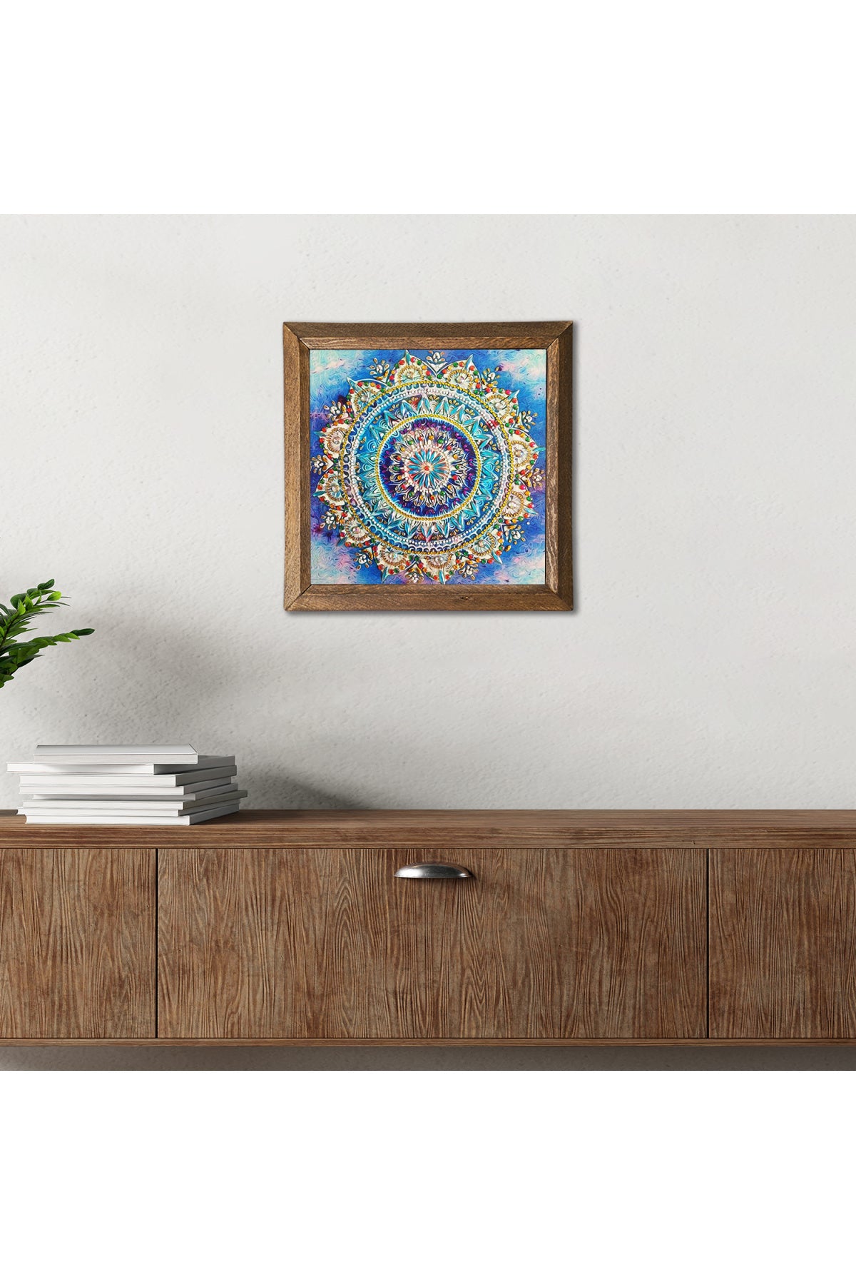 Mandala Taş Duvar Tablosu - Ahşap Çerçeveli Taş Tablo - 25x25 cm - Dekoratif Duvar Sanatı - Modern Ev ve Ofis Duvar Dekoru -W1-229