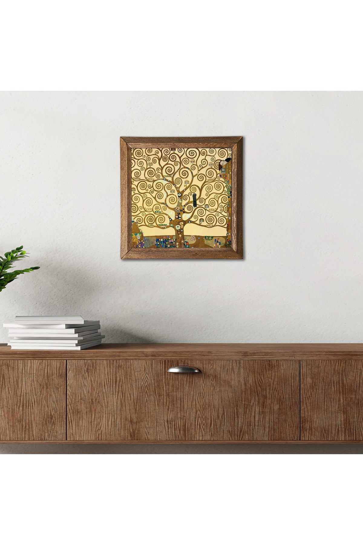 Gustav Klimt Hayat Ağacı Taş Duvar Tablosu - Ahşap Çerçeveli Taş Tablo - 25x25 cm - Dekoratif Duvar Sanatı - Modern Ev ve Ofis Duvar Dekoru -W1-24