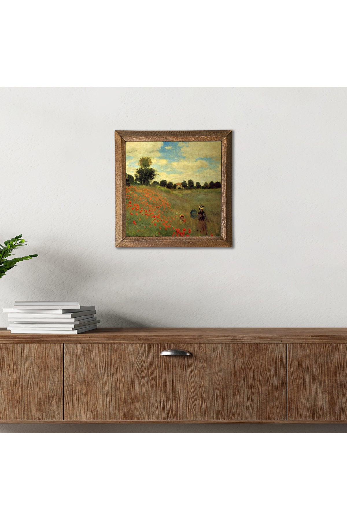 Claude Monet Gelincikler Taş Duvar Tablosu - Ahşap Çerçeveli Taş Tablo - 25x25 cm - Dekoratif Duvar Sanatı - Modern Ev ve Ofis Duvar Dekoru -W1-247