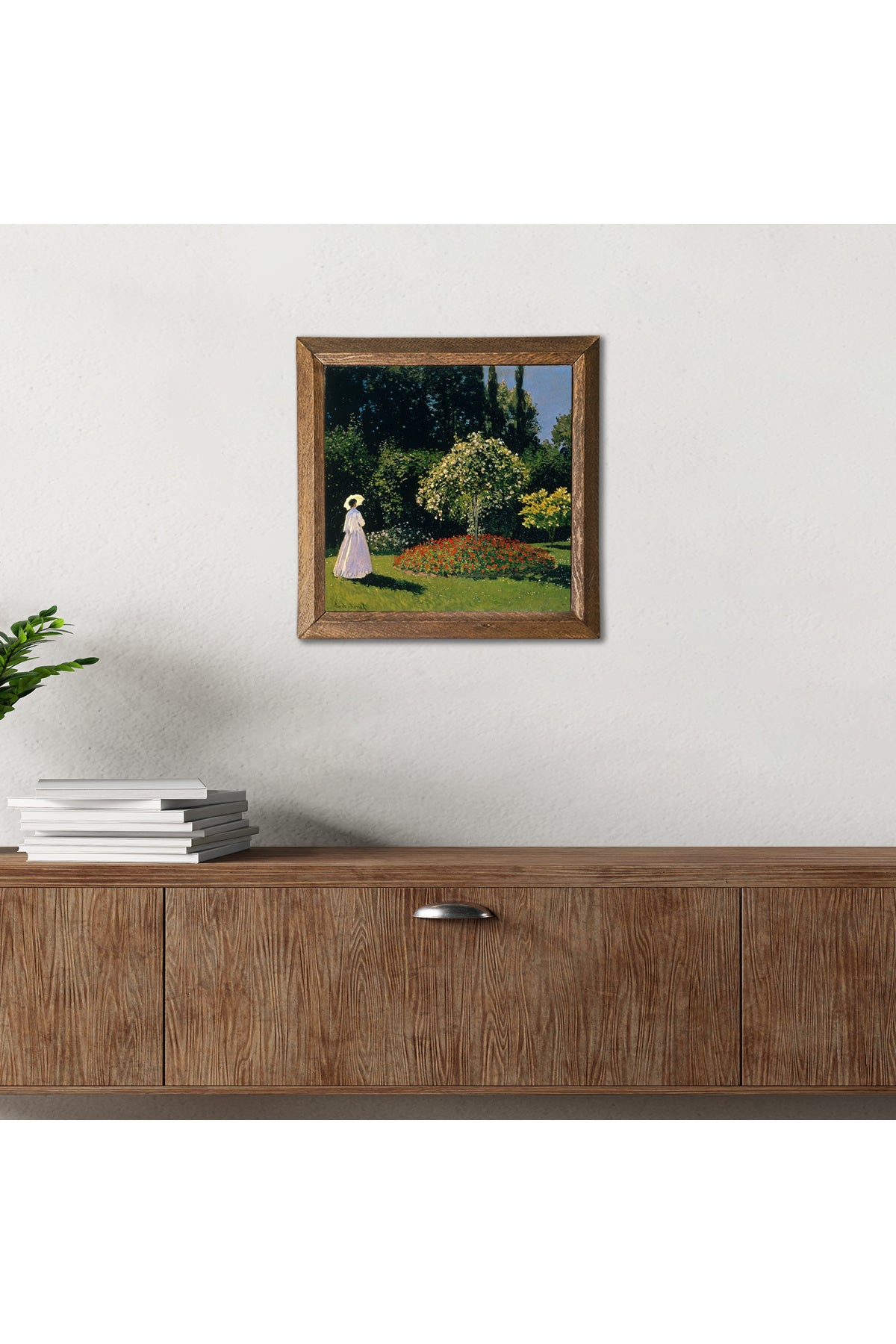 Claude Monet Bahçedeki Kadın Taş Duvar Tablosu - Ahşap Çerçeveli Taş Tablo - 25x25 cm - Dekoratif Duvar Sanatı, Modern Ev ve Ofis Duvar Dekoru -W1-249
