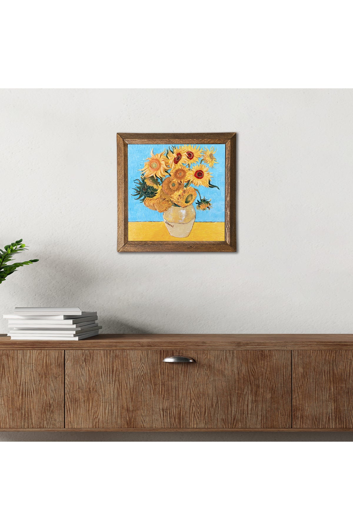 Vincent van Gogh On İki Ayçiçekli Vazo Taş Duvar Tablosu - Ahşap Çerçeveli Taş Tablo - 25x25 cm - Dekoratif Duvar Sanatı - Modern Ev ve Ofis Duvar Dekoru -W1-276