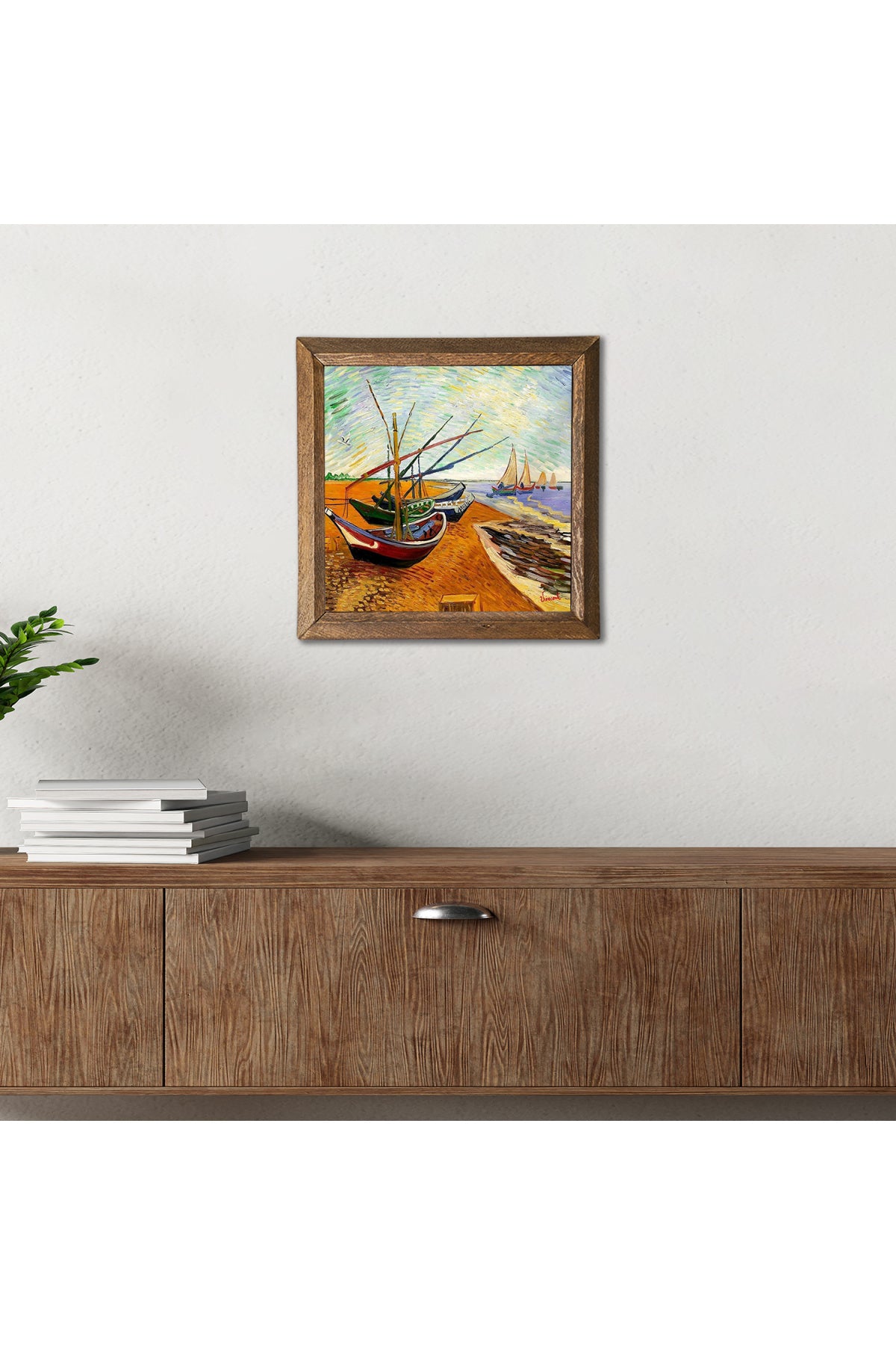 Vincent van Gogh Balıkçı Tekneleri Taş Duvar Tablosu - Ahşap Çerçeveli Taş Tablo - 25x25 cm - Dekoratif Duvar Sanatı - Modern Ev ve Ofis Duvar Dekoru -W1-277