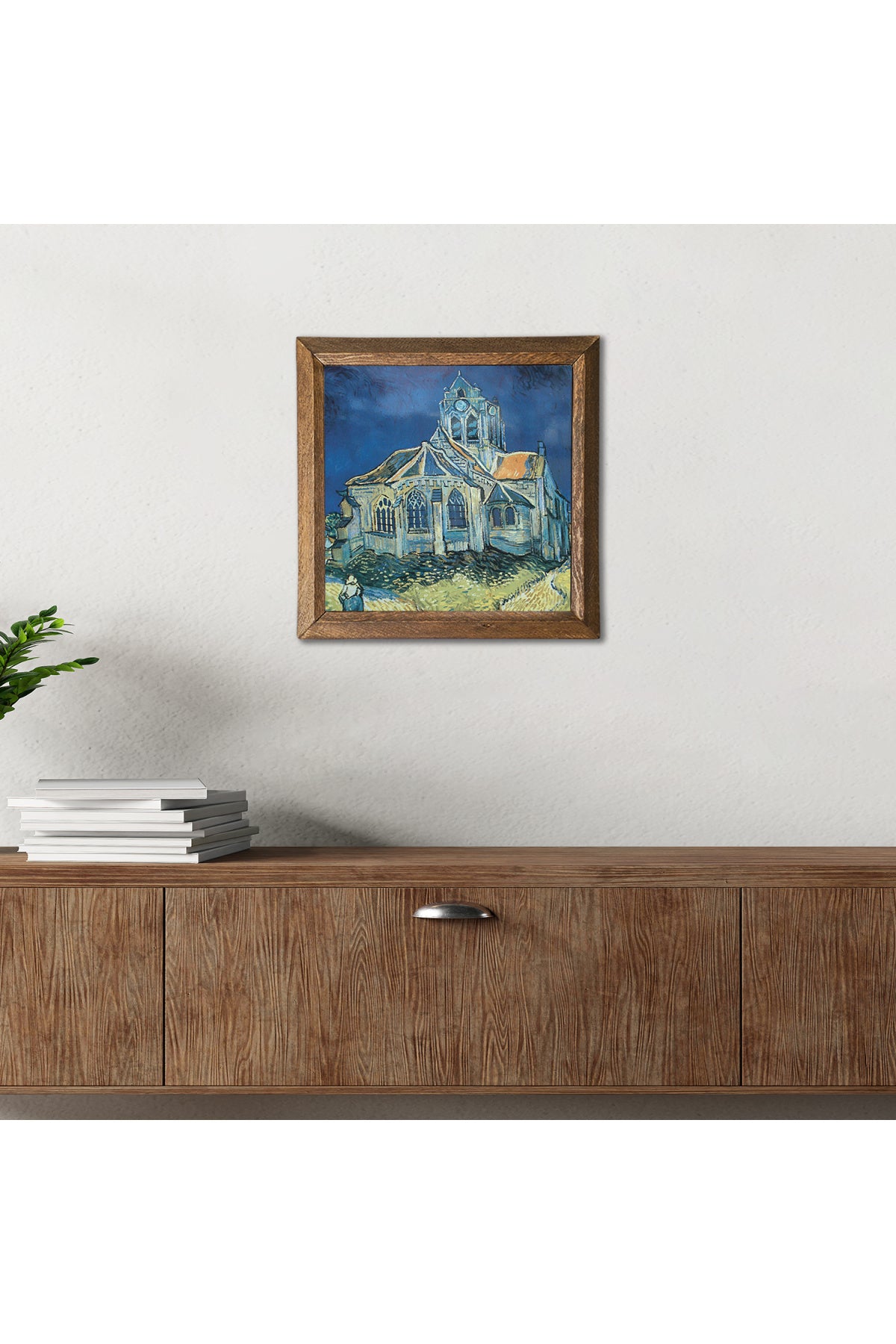Vincent van Gogh Auvers'deki Kilise Taş Duvar Tablosu - Ahşap Çerçeveli Taş Tablo - 25x25 cm - Dekoratif Duvar Sanatı - Modern Ev ve Ofis Duvar Dekoru -W1-289