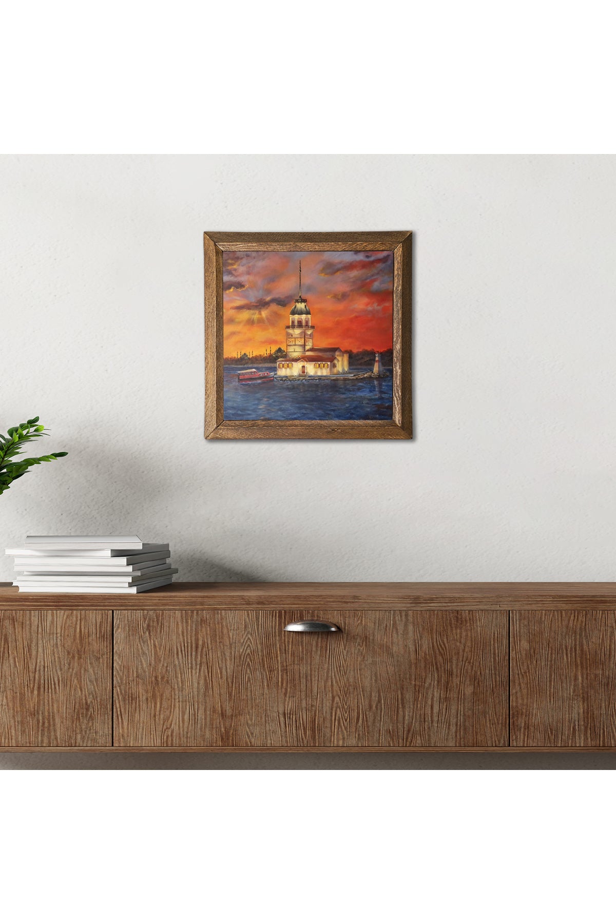 İstanbul Kız Kulesi Taş Duvar Tablosu - Ahşap Çerçeveli Taş Tablo - 25x25 cm - Dekoratif Duvar Sanatı - Modern Ev ve Ofis Duvar Dekoru -W1-88