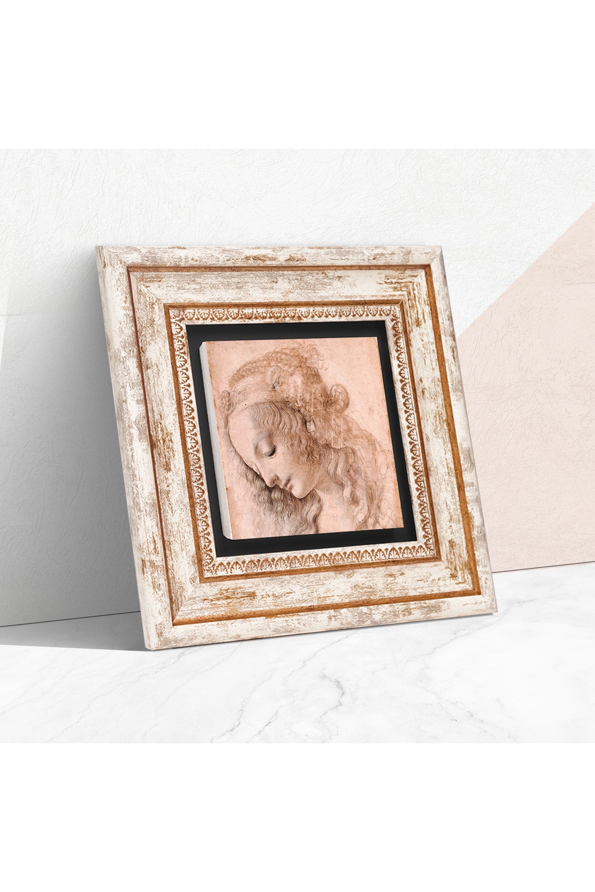 Leonardo da Vinci Genç Bir Kadının Baş Profili Taş Duvar Tablosu - Çerçeveli Taş Tablo - Dekoratif Duvar Sanatı - Modern Ev ve Ofis Duvar Dekoru TK1-18