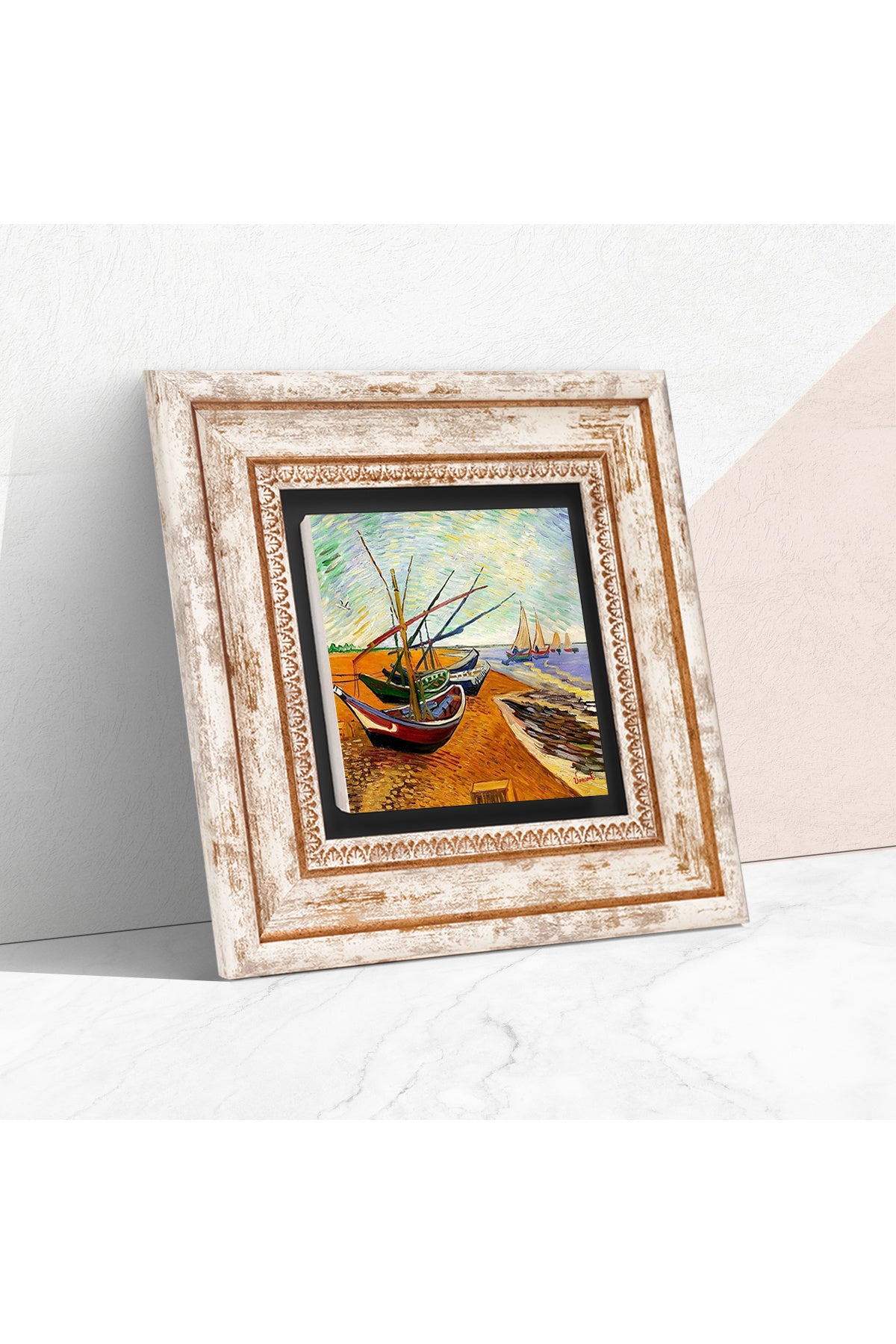 Van Gogh Balıkçı Tekneleri Taş Duvar Tablosu - Çerçeveli Taş Tablo - Dekoratif Duvar Sanatı - Modern Ev ve Ofis Duvar Dekoru TK1-277