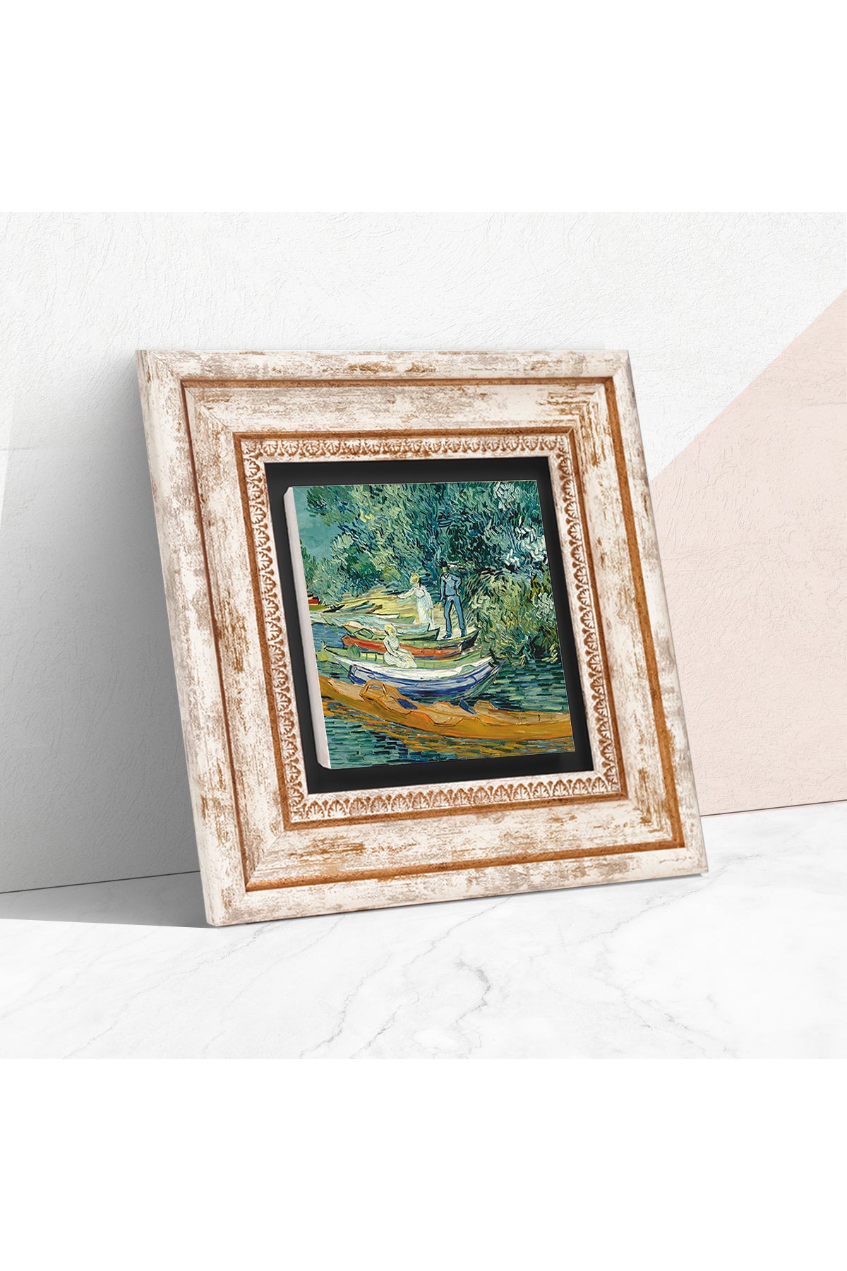 Van Gogh Auvers'deki Oise Bankası Taş Duvar Tablosu - Çerçeveli Taş Tablo - Dekoratif Duvar Sanatı - Modern Ev ve Ofis Duvar Dekoru TK1-280