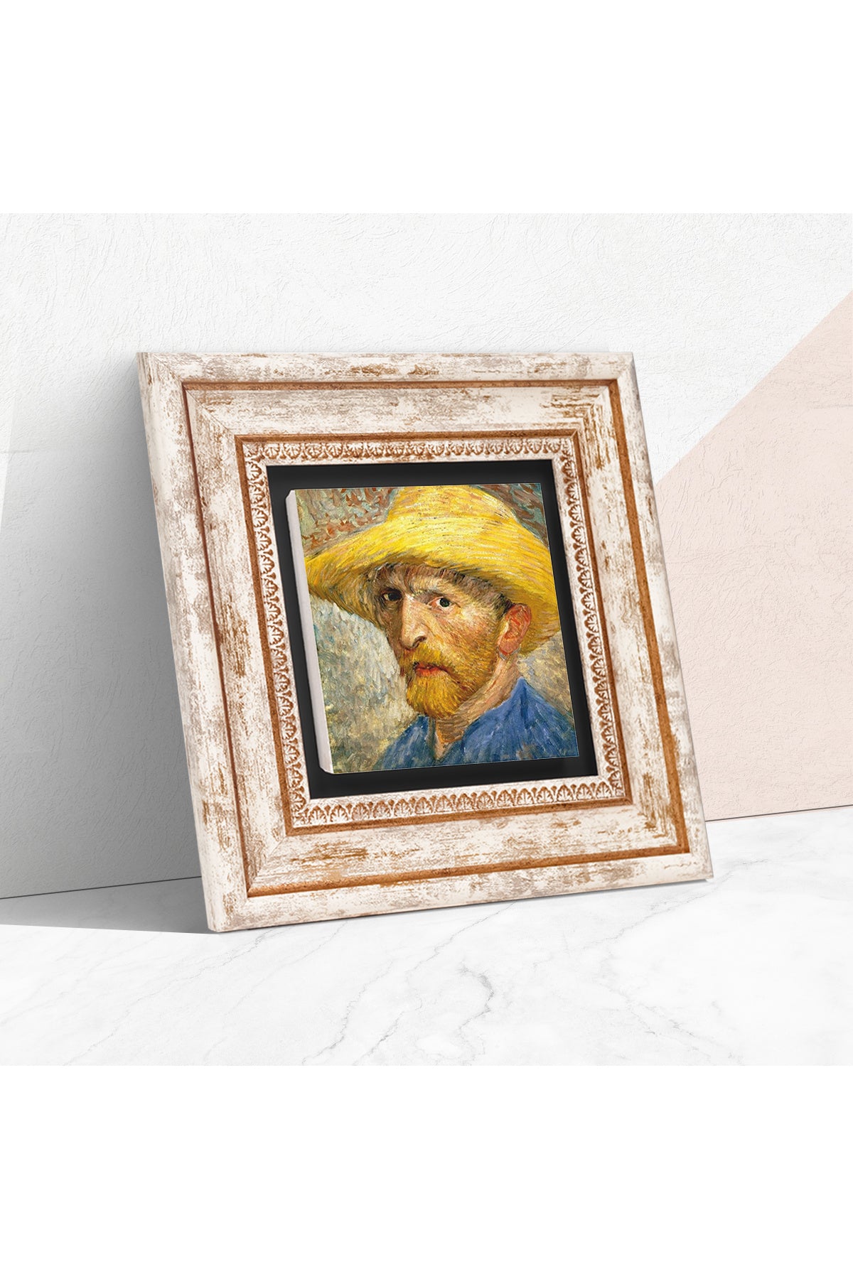Van Gogh Hasır Şapkalı Otoportre Taş Duvar Tablosu - Çerçeveli Taş Tablo - Dekoratif Duvar Sanatı - Modern Ev ve Ofis Duvar Dekoru TK1-285