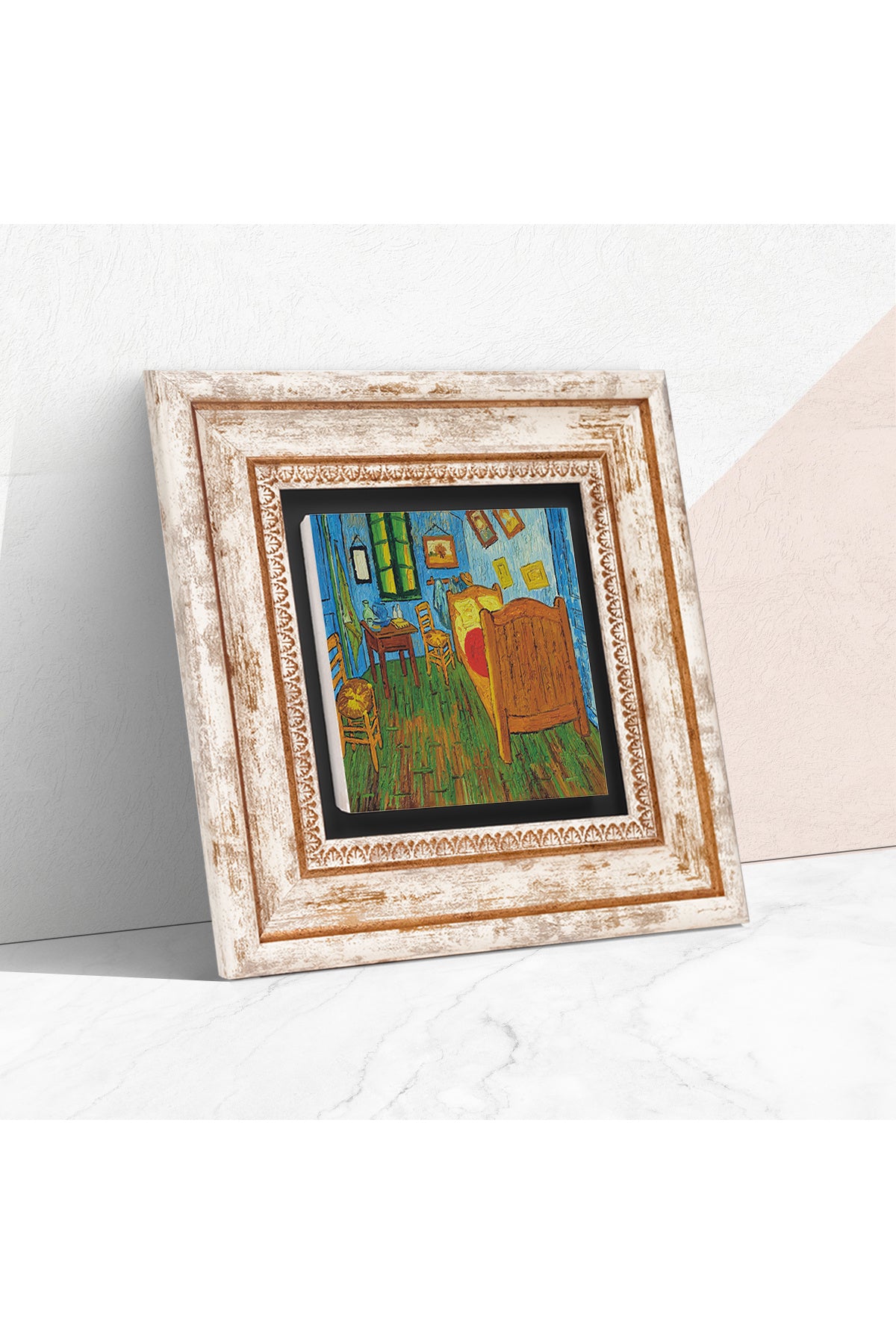 Van Gogh Arles'teki Yatak Odası Taş Duvar Tablosu - Çerçeveli Taş Tablo - Dekoratif Duvar Sanatı - Modern Ev ve Ofis Duvar Dekoru TK1-286