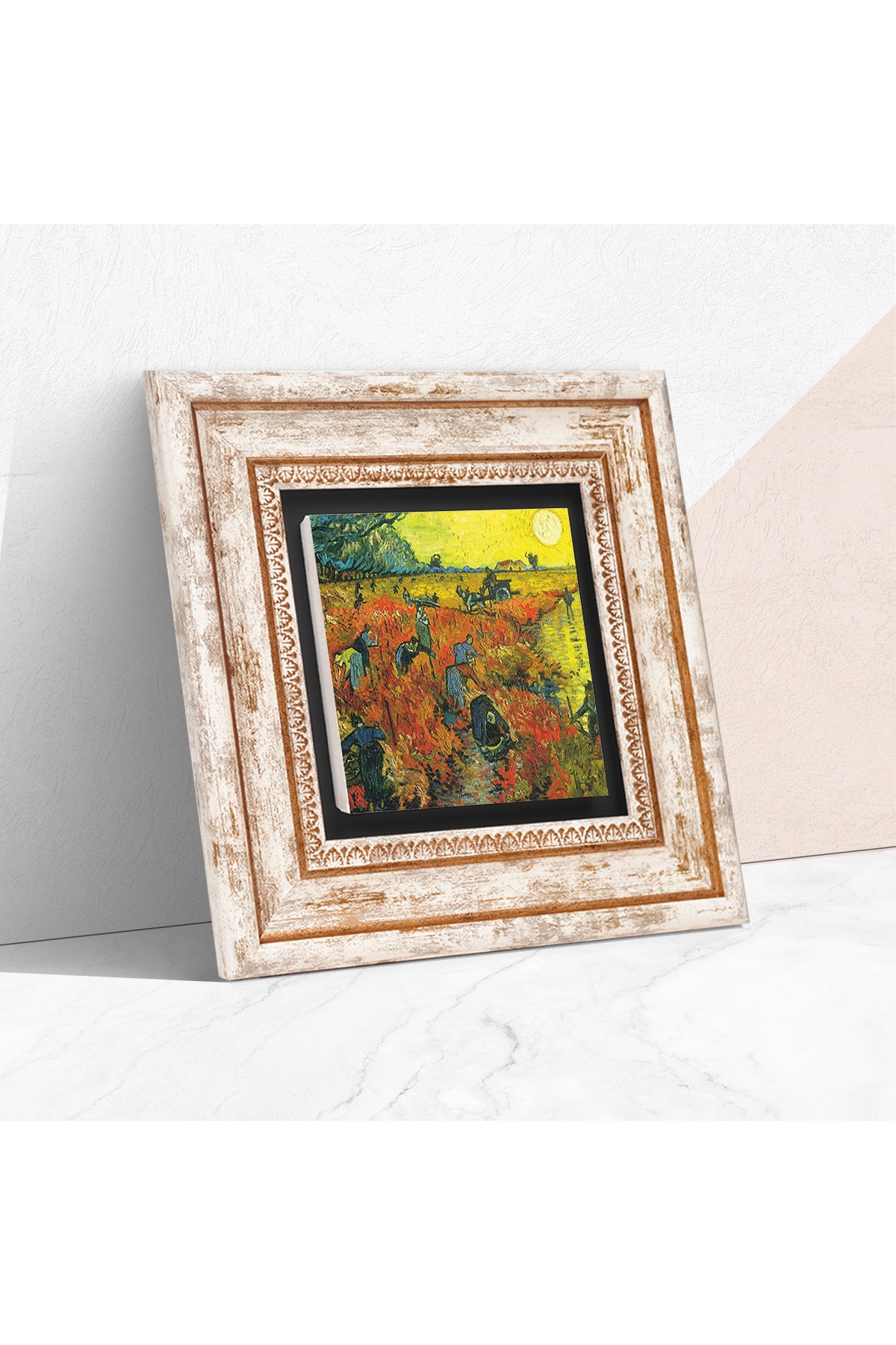 Van Gogh Arles'te Kırmızı Bağ Taş Duvar Tablosu - Çerçeveli Taş Tablo - Dekoratif Duvar Sanatı - Modern Ev ve Ofis Duvar Dekoru TK1-288