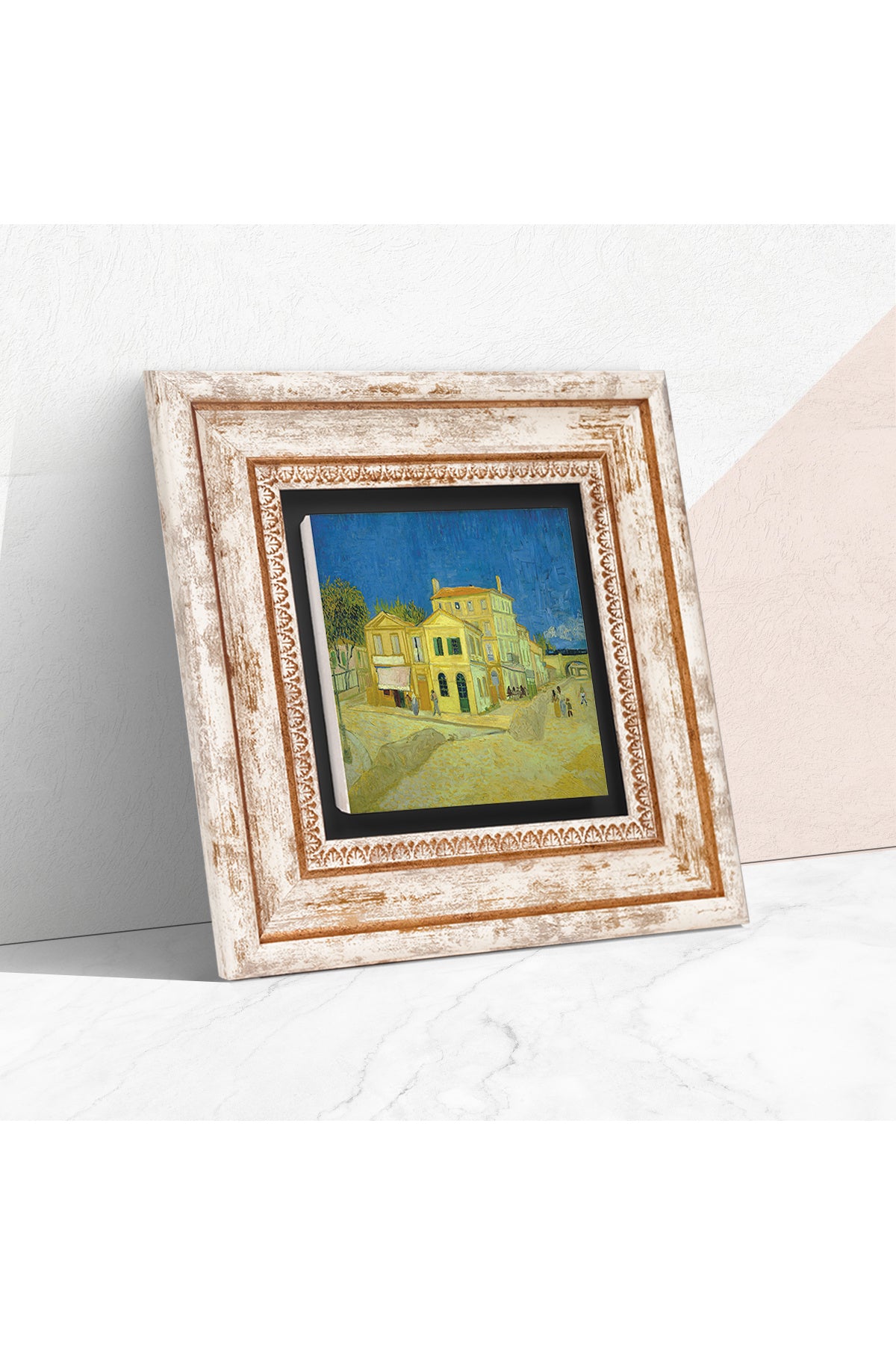 Van Gogh Sarı Ev Taş Duvar Tablosu - Çerçeveli Taş Tablo - Dekoratif Duvar Sanatı - Modern Ev ve Ofis Duvar Dekoru TK1-295