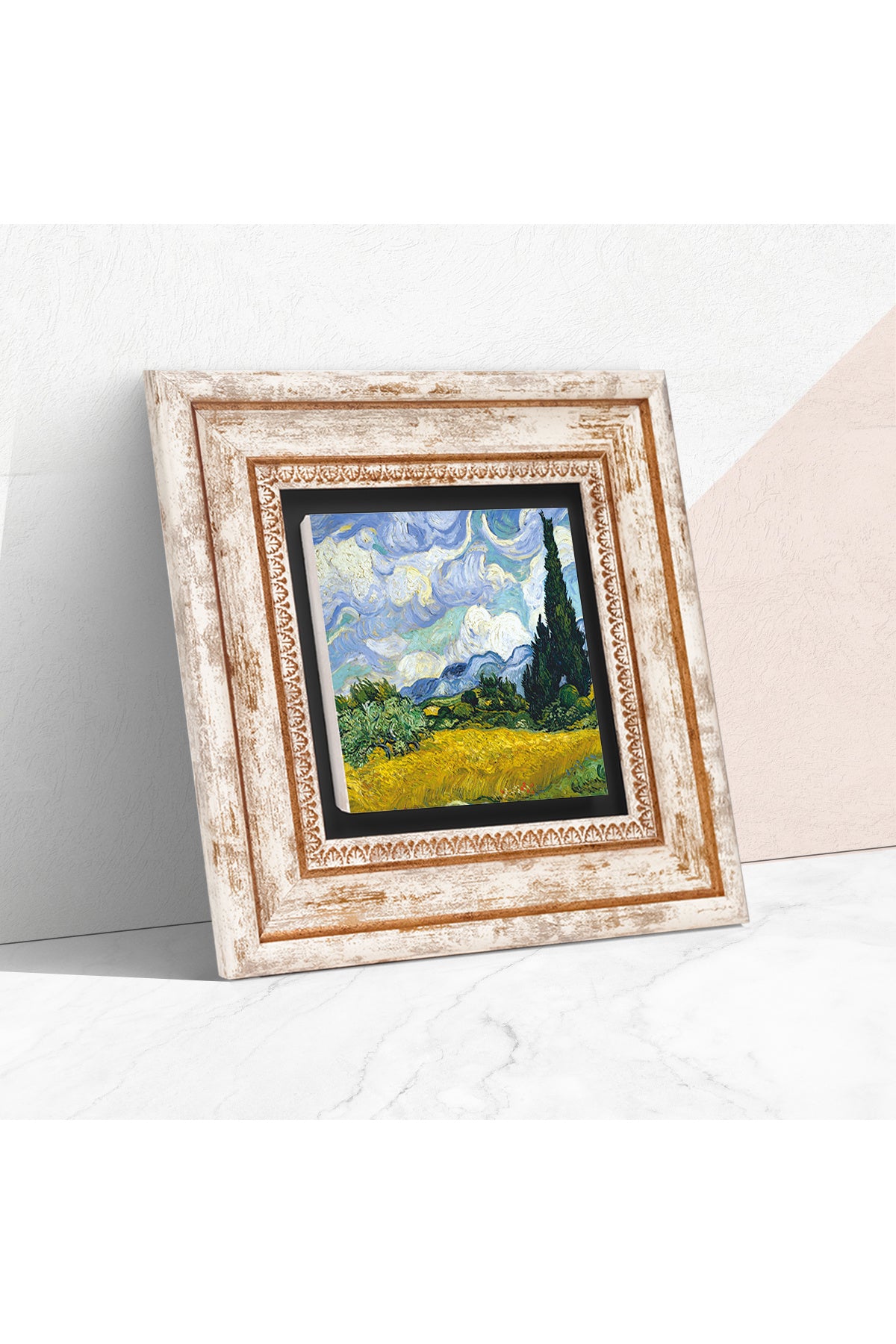 Van Gogh Selvi Ağaçlı Buğday Tarlası Taş Duvar Tablosu - Çerçeveli Taş Tablo - Dekoratif Duvar Sanatı - Modern Ev ve Ofis Duvar Dekoru TK1-298