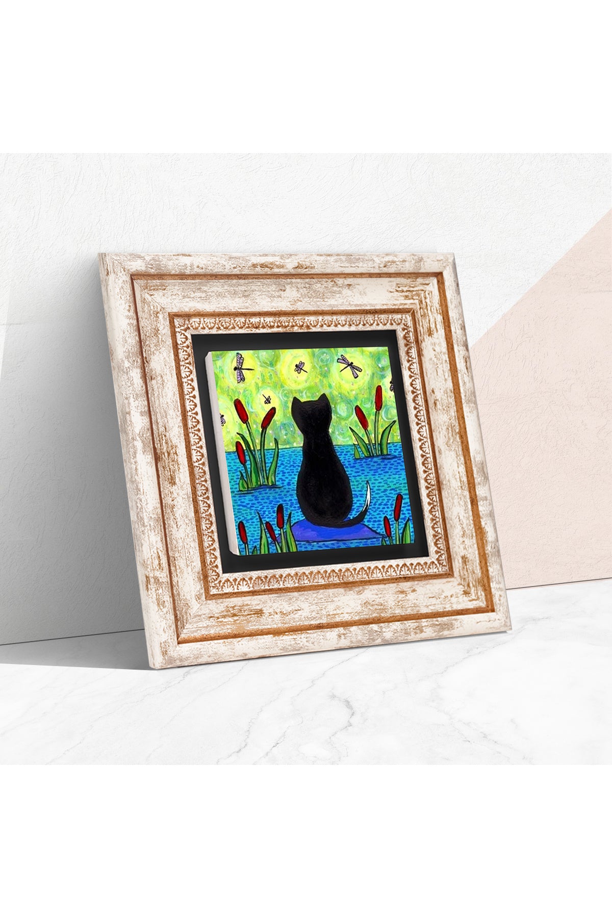 Kedi Taş Duvar Tablosu - Çerçeveli Taş Tablo - Dekoratif Duvar Sanatı - Modern Ev ve Ofis Duvar Dekoru TK1-413