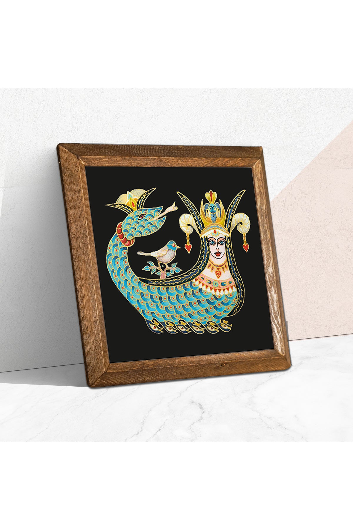 Şahmeran Taş Duvar Tablosu - Ahşap Çerçeveli Taş Tablo - 25x25 cm - Dekoratif Duvar Sanatı - Modern Ev ve Ofis Duvar Dekoru -W1-08
