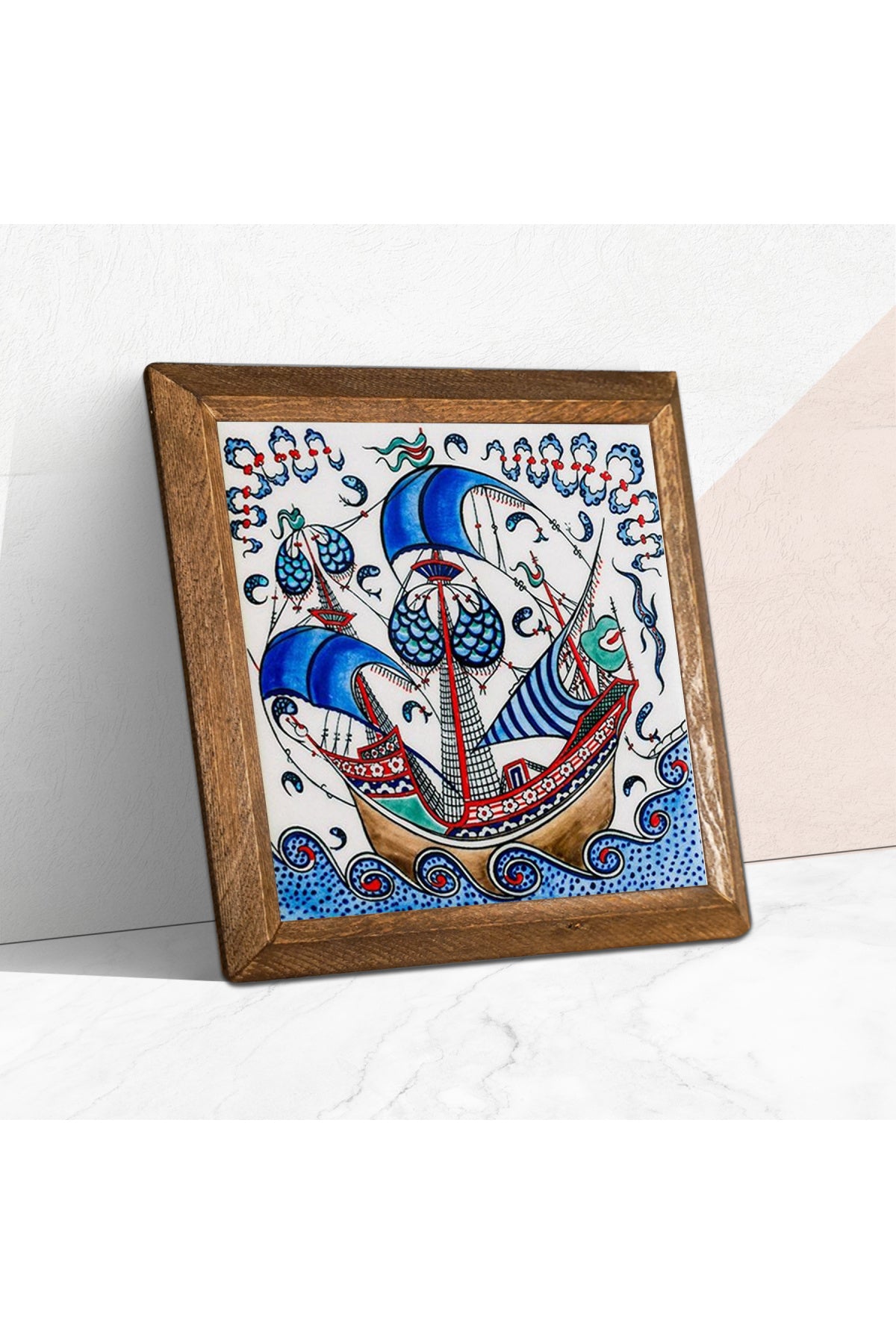 Çini Sanatı Yelkenli Gemi Taş Duvar Tablosu - Ahşap Çerçeveli Taş Tablo - 25x25 cm - Dekoratif Duvar Sanatı - Modern Ev ve Ofis Duvar Dekoru -W1-183