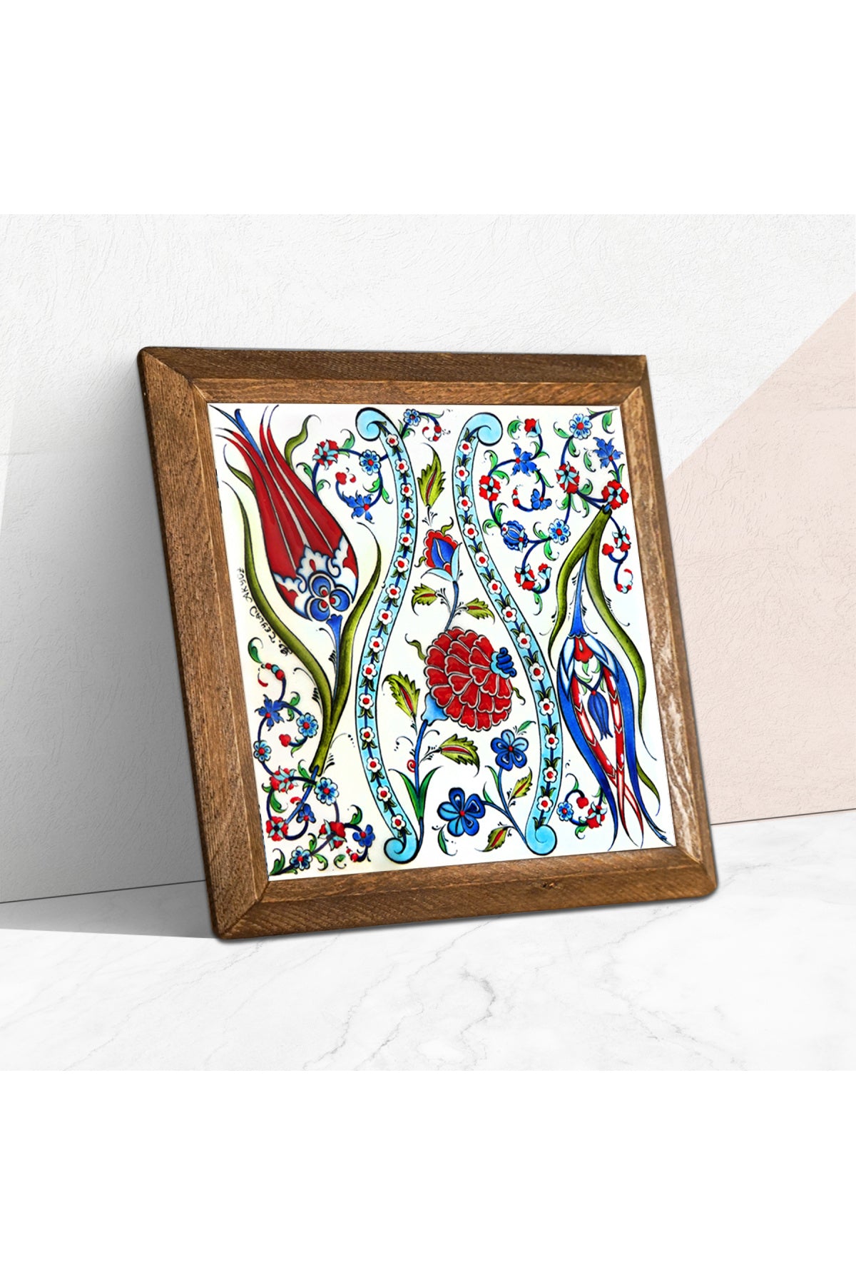 Çini Sanatı Lale Taş Duvar Tablosu - Ahşap Çerçeveli Taş Tablo - 25x25 cm - Dekoratif Duvar Sanatı - Modern Ev ve Ofis Duvar Dekoru -W1-185