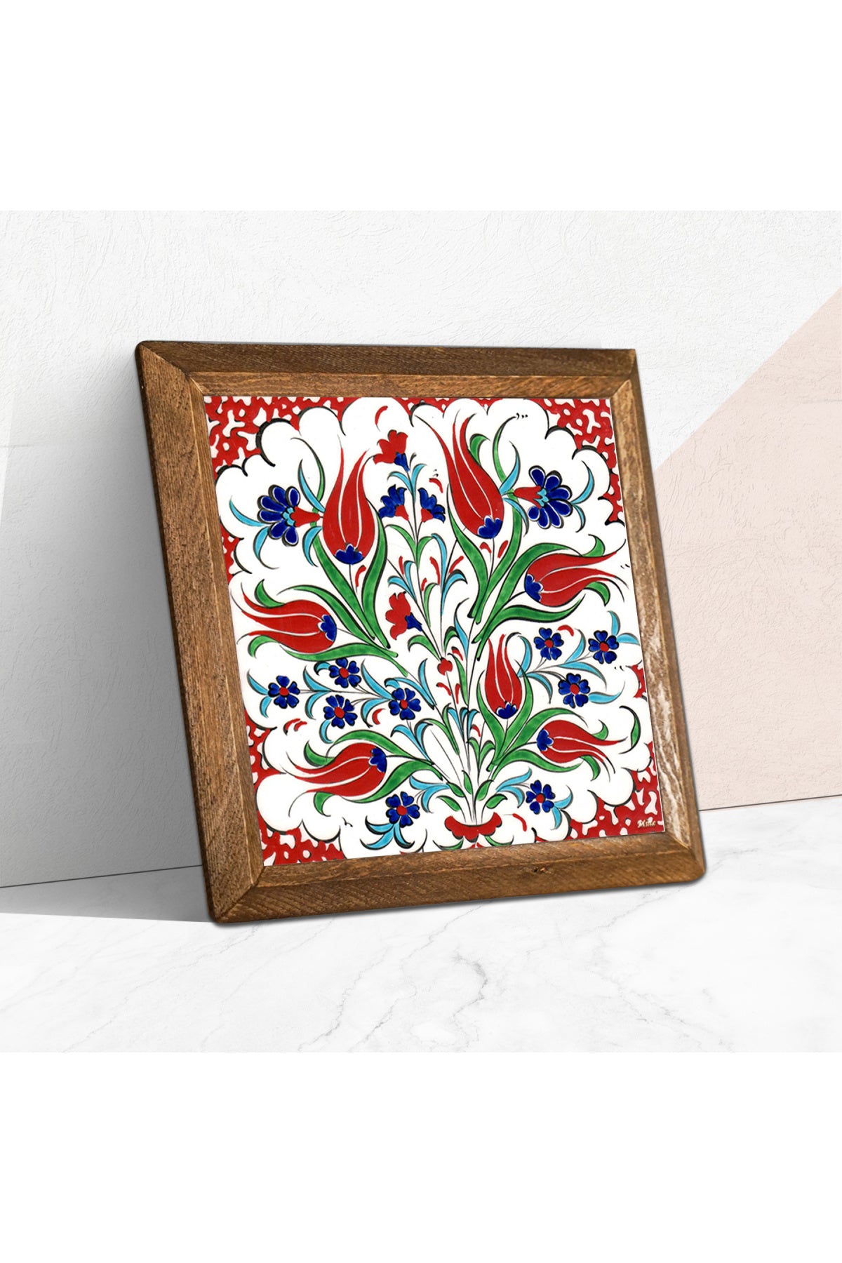 Çini Sanatı Lale Taş Duvar Tablosu - Ahşap Çerçeveli Taş Tablo - 25x25 cm - Dekoratif Duvar Sanatı - Modern Ev ve Ofis Duvar Dekoru -W1-186