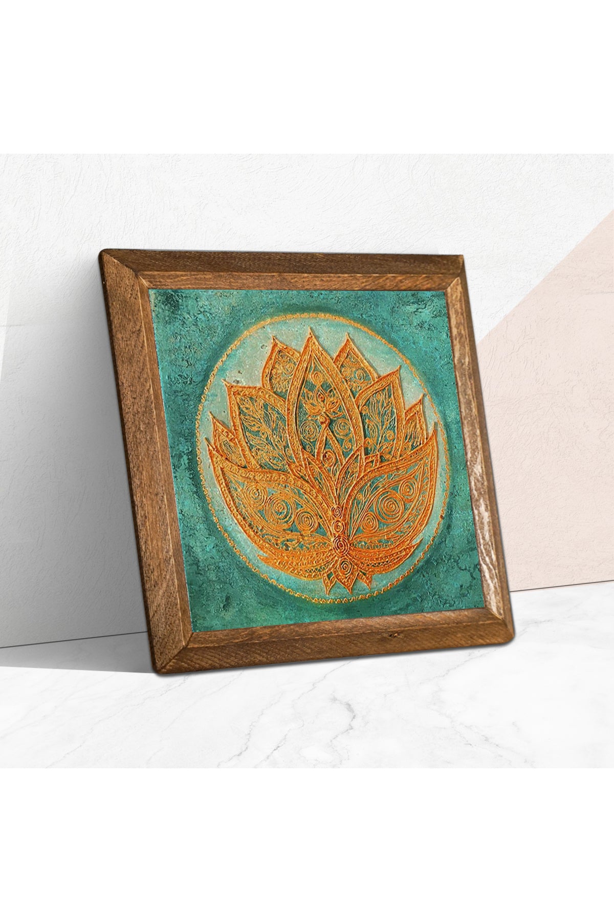 Lotus Çiçeği Taş Duvar Tablosu - Ahşap Çerçeveli Taş Tablo - 25x25 cm - Dekoratif Duvar Sanatı - Modern Ev ve Ofis Duvar Dekoru -W1-189