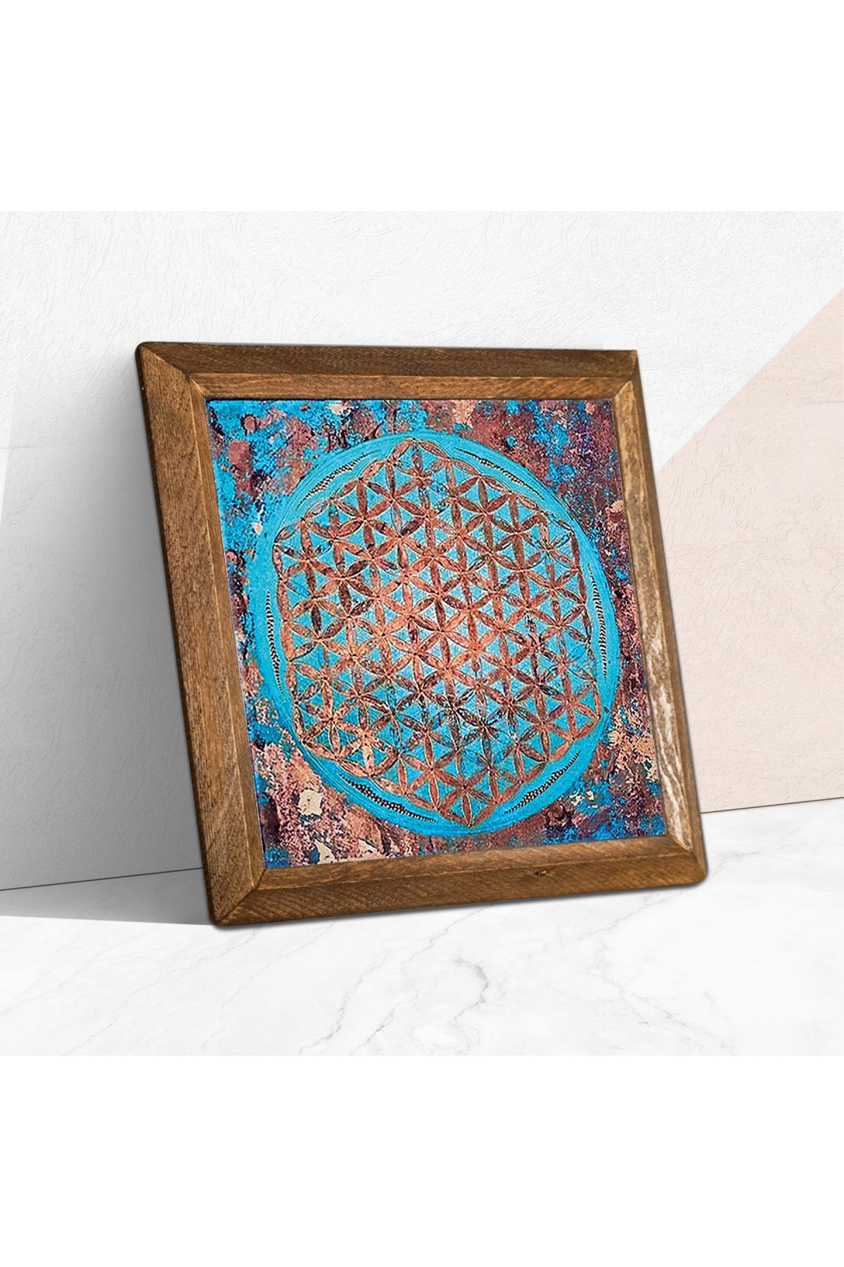 Yaşam Çiçeği Taş Duvar Tablosu - Ahşap Çerçeveli Taş Tablo - 25x25 cm - Dekoratif Duvar Sanatı - Modern Ev ve Ofis Duvar Dekoru -W1-190