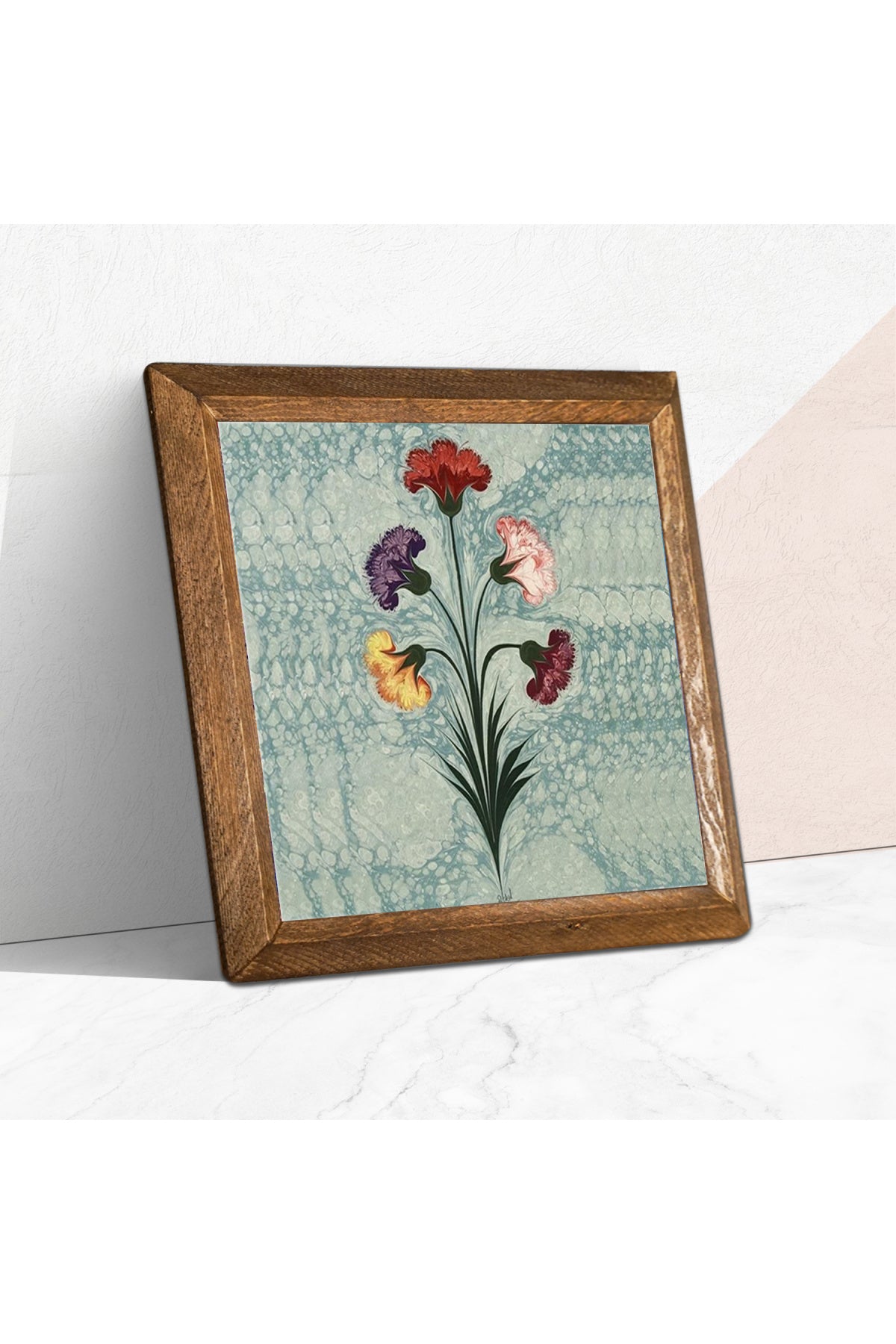 Ebru Sanatı Taş Duvar Tablosu - Ahşap Çerçeveli Taş Tablo - 25x25 cm - Dekoratif Duvar Sanatı - Modern Ev ve Ofis Duvar Dekoru -W1-243