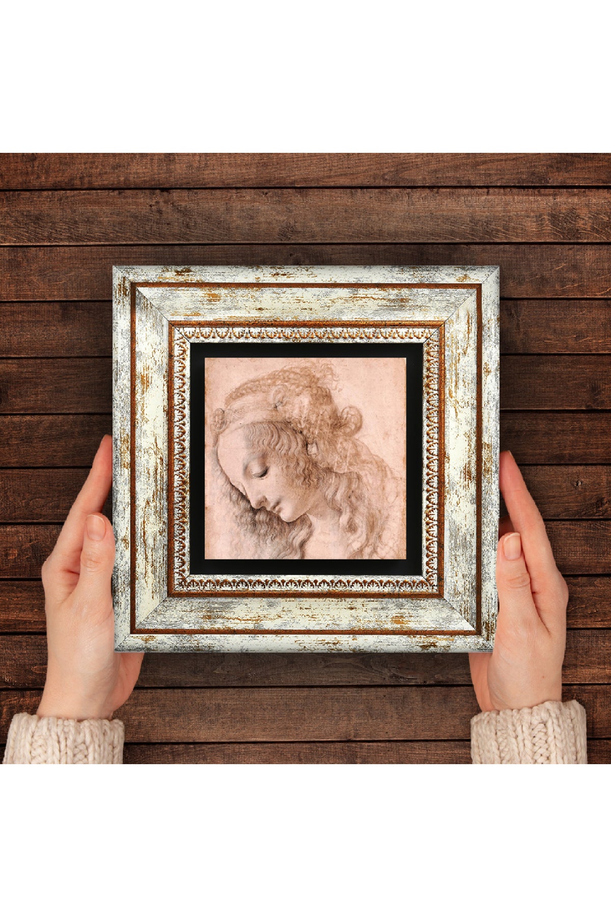 Leonardo da Vinci Genç Bir Kadının Baş Profili Taş Duvar Tablosu - Çerçeveli Taş Tablo - Dekoratif Duvar Sanatı - Modern Ev ve Ofis Duvar Dekoru TK1-18