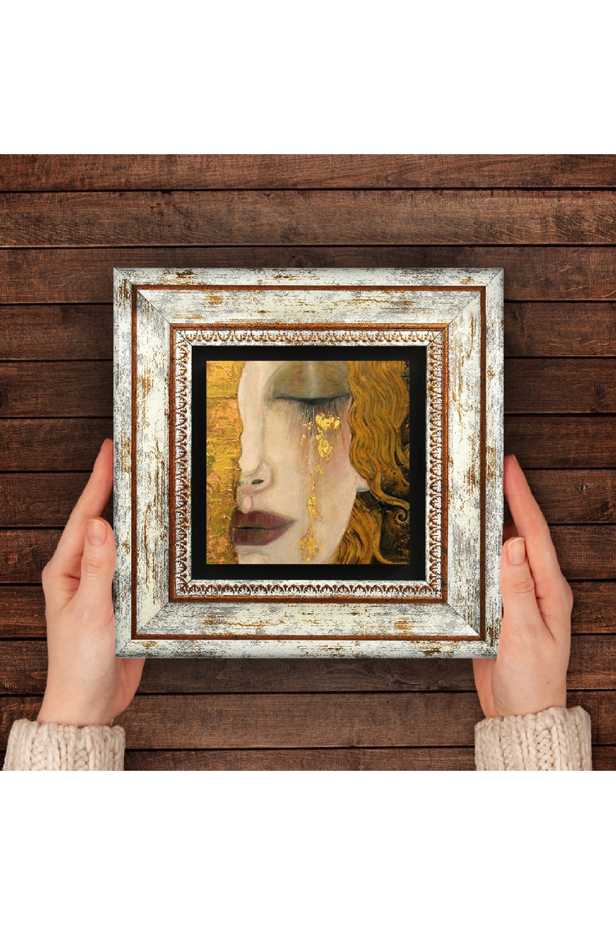 Gustav Klimt Altın Gözyaşları Taş Duvar Tablosu - Çerçeveli Taş Tablo - Dekoratif Duvar Sanatı - Modern Ev ve Ofis Duvar Dekoru TK1-27