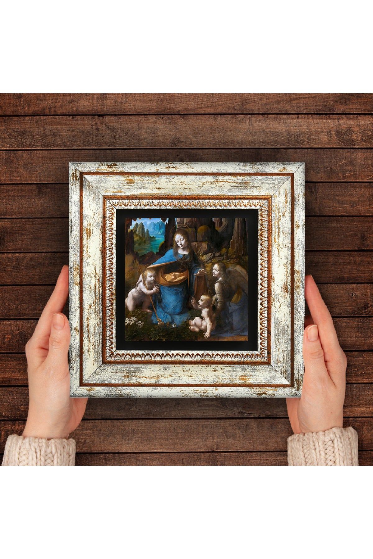 Leonardo da Vinci Kayalıklar Bakiresi Taş Duvar Tablosu - Çerçeveli Taş Tablo - Dekoratif Duvar Sanatı - Modern Ev ve Ofis Duvar Dekoru TK1-272