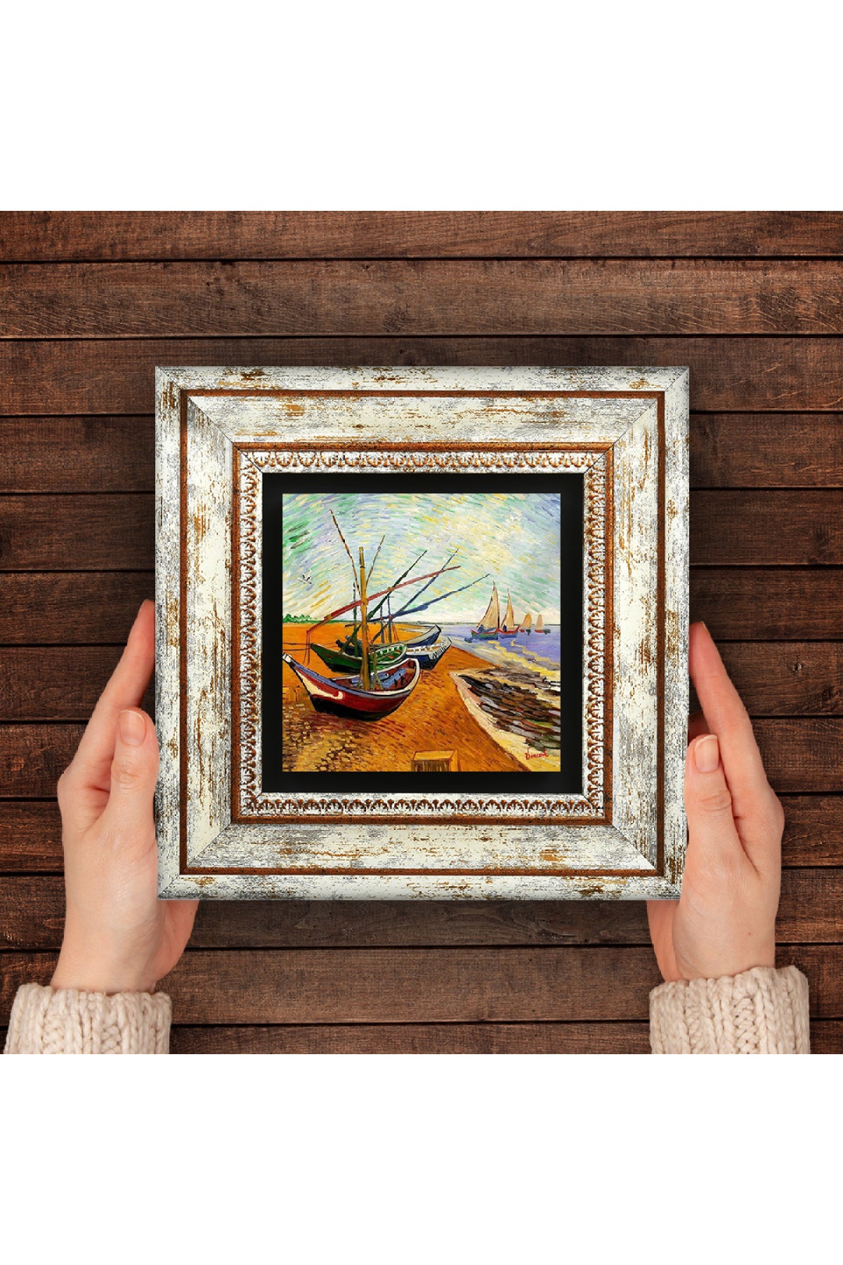 Van Gogh Balıkçı Tekneleri Taş Duvar Tablosu - Çerçeveli Taş Tablo - Dekoratif Duvar Sanatı - Modern Ev ve Ofis Duvar Dekoru TK1-277