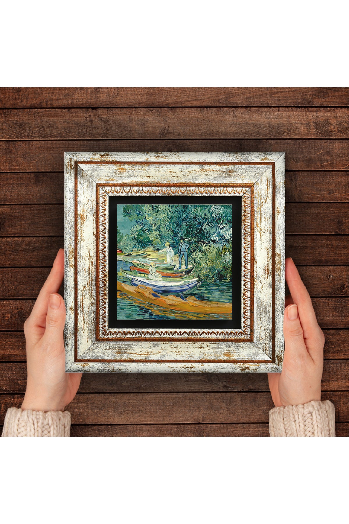 Van Gogh Auvers'deki Oise Bankası Taş Duvar Tablosu - Çerçeveli Taş Tablo - Dekoratif Duvar Sanatı - Modern Ev ve Ofis Duvar Dekoru TK1-280