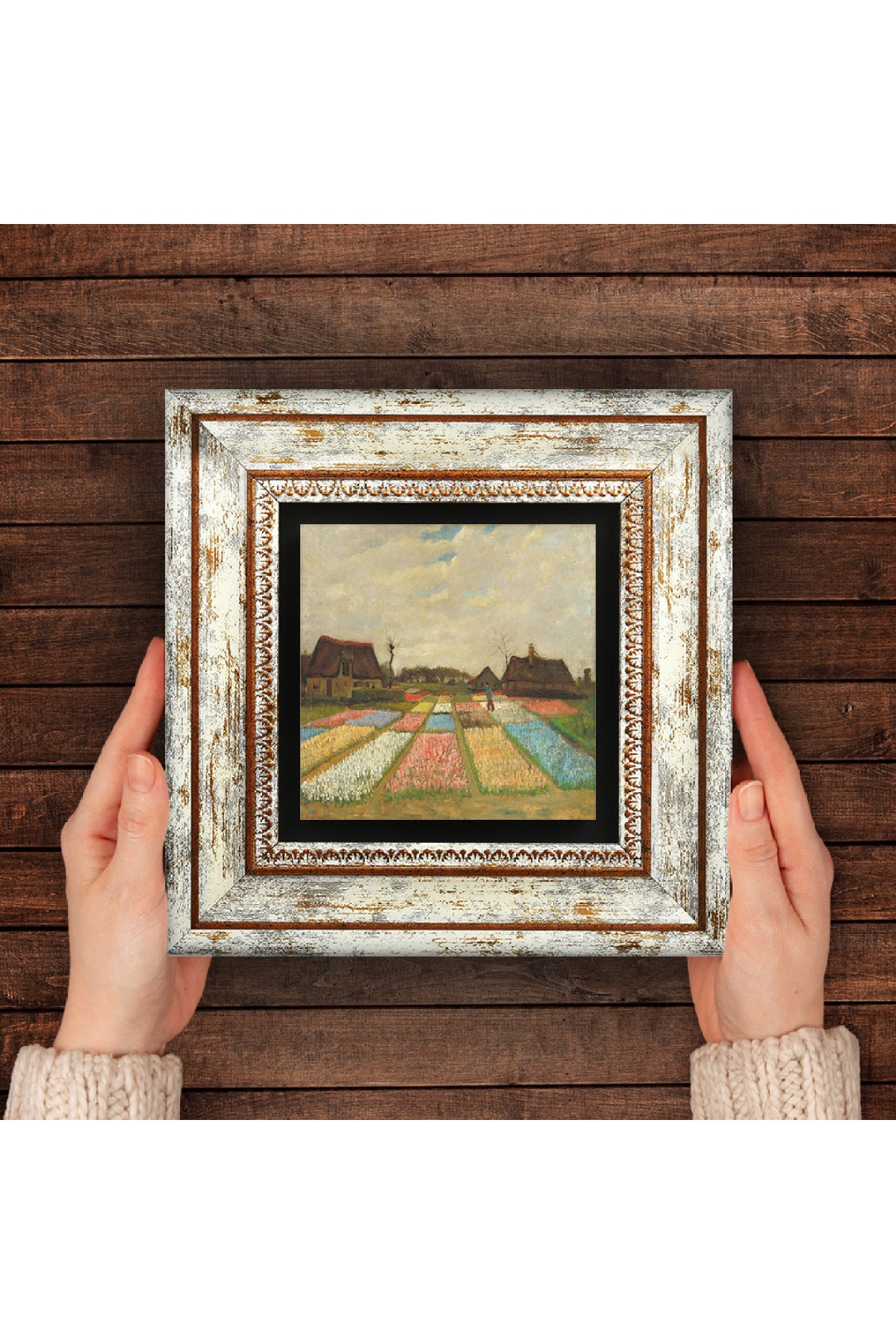 Van Gogh Hollanda'da Lale Tarlaları Taş Duvar Tablosu - Çerçeveli Taş Tablo - Dekoratif Duvar Sanatı - Modern Ev ve Ofis Duvar Dekoru TK1-282
