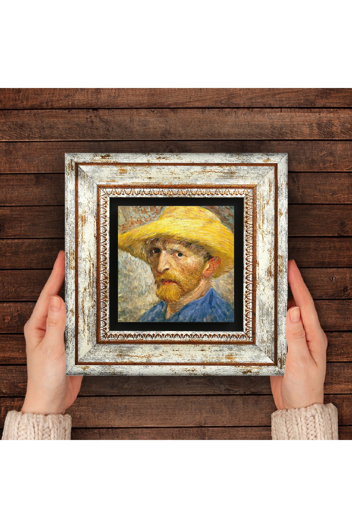 Van Gogh Hasır Şapkalı Otoportre Taş Duvar Tablosu - Çerçeveli Taş Tablo - Dekoratif Duvar Sanatı - Modern Ev ve Ofis Duvar Dekoru TK1-285