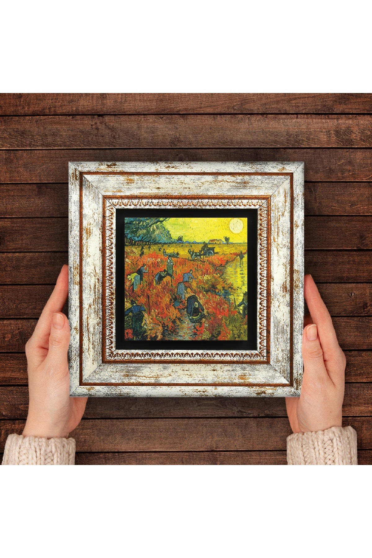 Van Gogh Arles'te Kırmızı Bağ Taş Duvar Tablosu - Çerçeveli Taş Tablo - Dekoratif Duvar Sanatı - Modern Ev ve Ofis Duvar Dekoru TK1-288