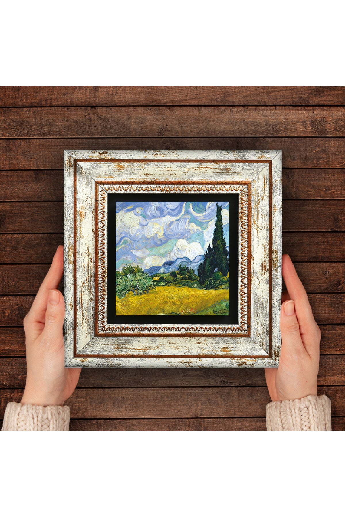 Van Gogh Selvi Ağaçlı Buğday Tarlası Taş Duvar Tablosu - Çerçeveli Taş Tablo - Dekoratif Duvar Sanatı - Modern Ev ve Ofis Duvar Dekoru TK1-298