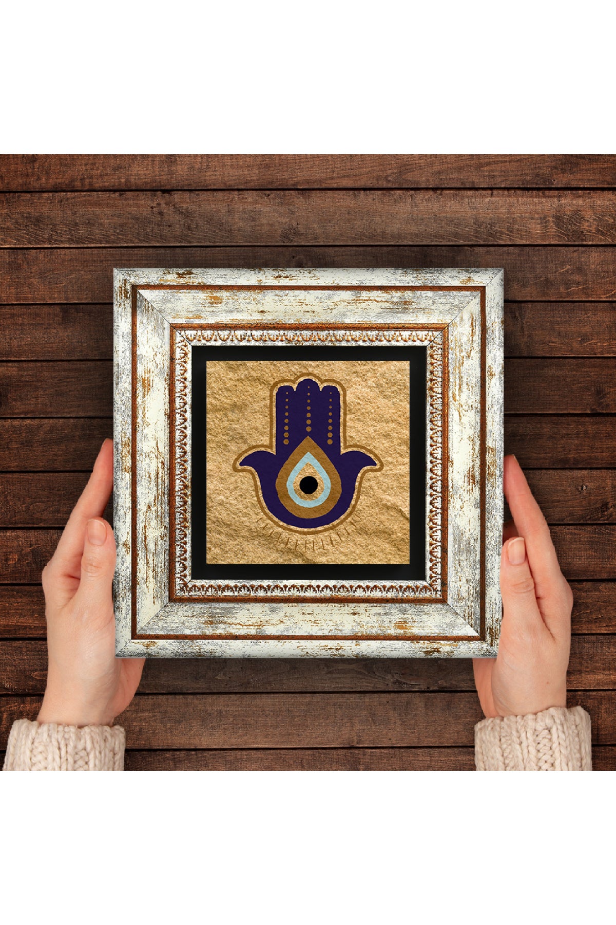 Fatma Ana Eli (Hamsa) Nazar Taş Duvar Tablosu - Çerçeveli Taş Tablo - Dekoratif Duvar Sanatı - Modern Ev ve Ofis Duvar Dekoru TK1-361