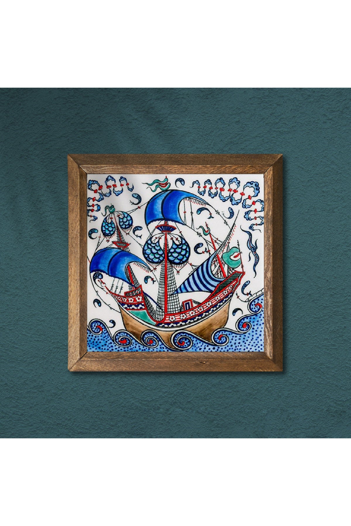 Çini Sanatı Yelkenli Gemi Taş Duvar Tablosu - Ahşap Çerçeveli Taş Tablo - 25x25 cm - Dekoratif Duvar Sanatı - Modern Ev ve Ofis Duvar Dekoru -W1-183