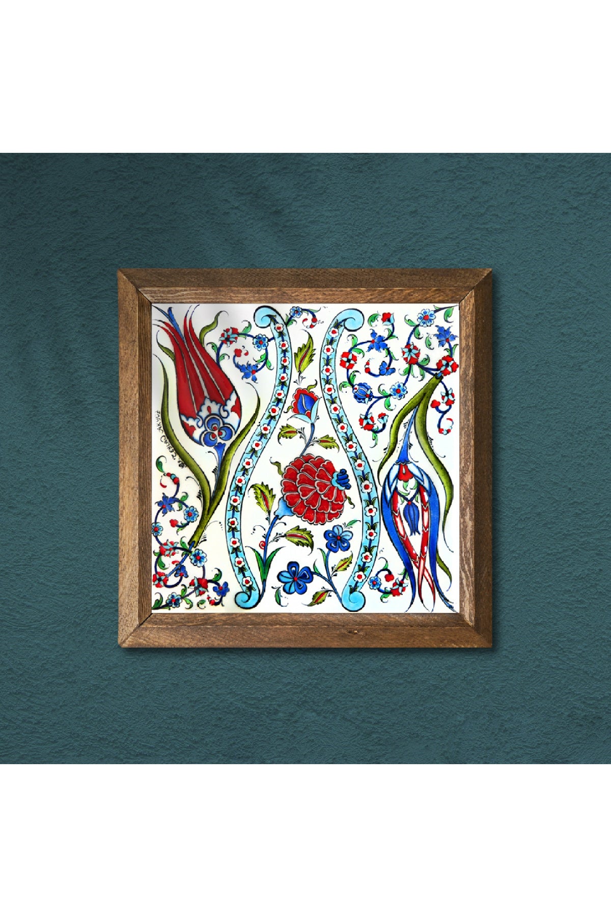 Çini Sanatı Lale Taş Duvar Tablosu - Ahşap Çerçeveli Taş Tablo - 25x25 cm - Dekoratif Duvar Sanatı - Modern Ev ve Ofis Duvar Dekoru -W1-185