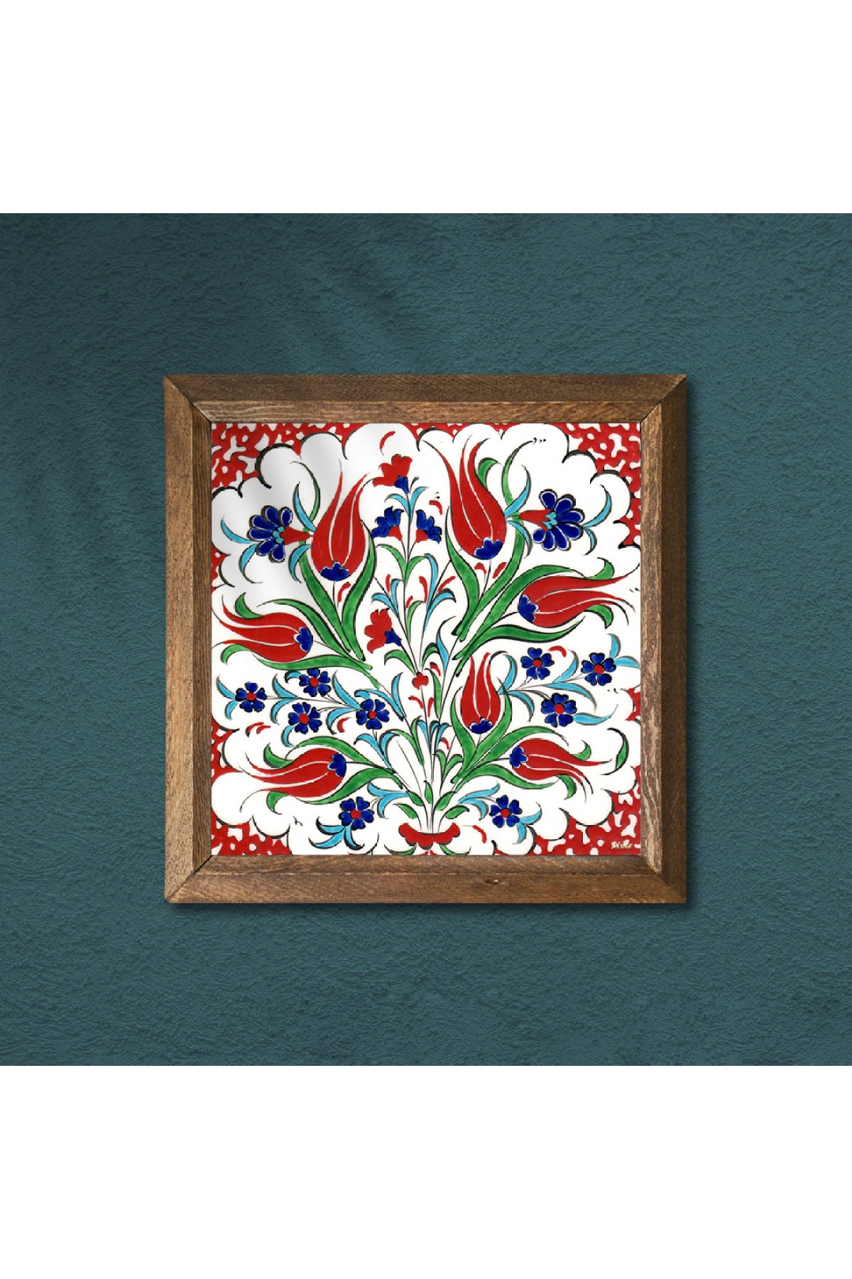 Çini Sanatı Lale Taş Duvar Tablosu - Ahşap Çerçeveli Taş Tablo - 25x25 cm - Dekoratif Duvar Sanatı - Modern Ev ve Ofis Duvar Dekoru -W1-186