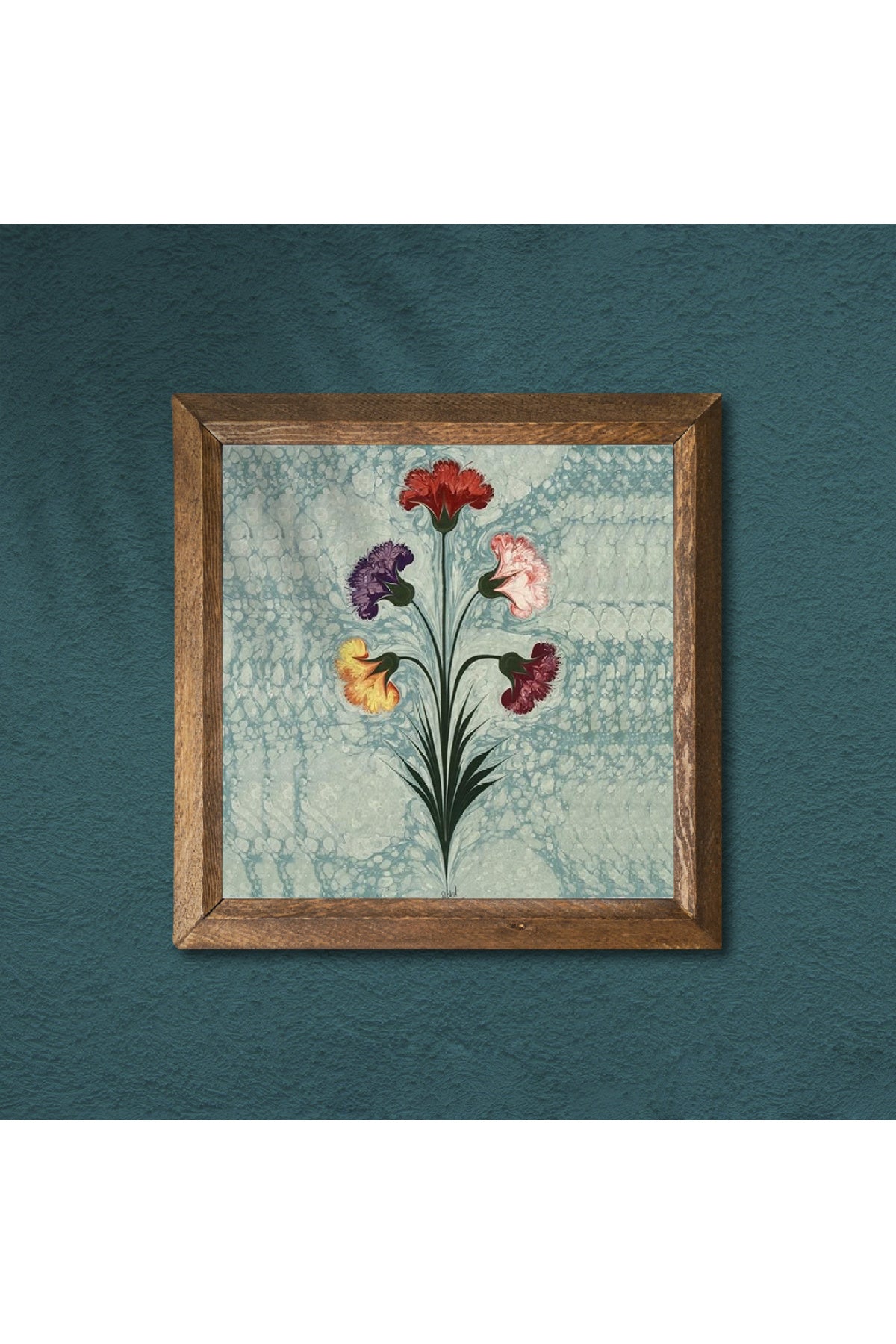 Ebru Sanatı Taş Duvar Tablosu - Ahşap Çerçeveli Taş Tablo - 25x25 cm - Dekoratif Duvar Sanatı - Modern Ev ve Ofis Duvar Dekoru -W1-243