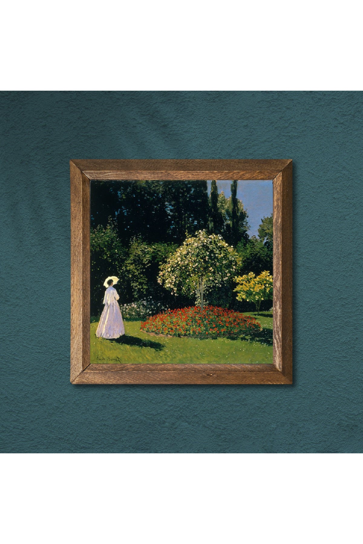 Claude Monet Bahçedeki Kadın Taş Duvar Tablosu - Ahşap Çerçeveli Taş Tablo - 25x25 cm - Dekoratif Duvar Sanatı, Modern Ev ve Ofis Duvar Dekoru -W1-249