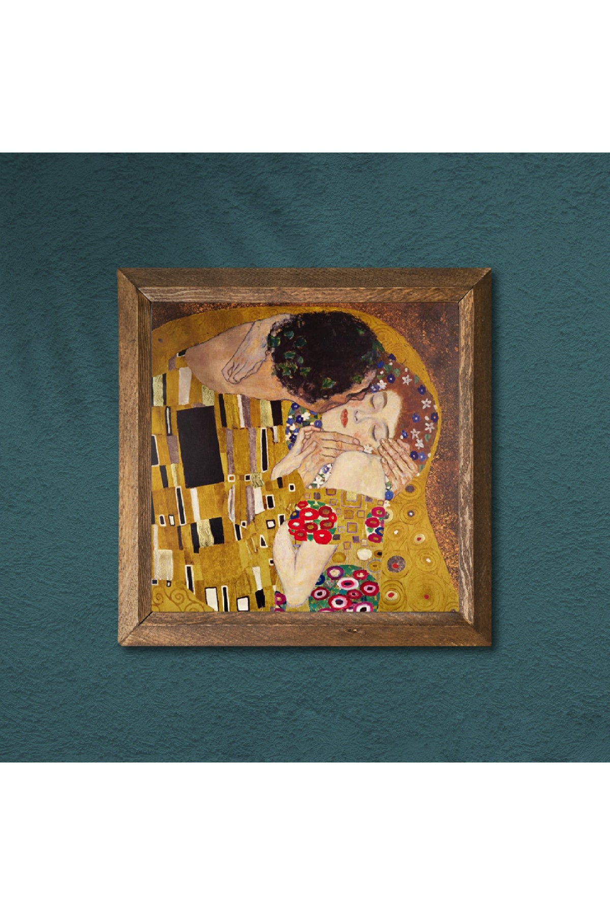 Gustav Klimt Öpücük Taş Duvar Tablosu - Ahşap Çerçeveli Taş Tablo - 25x25 cm - Dekoratif Duvar Sanatı - Modern Ev ve Ofis Duvar Dekoru -W1-25