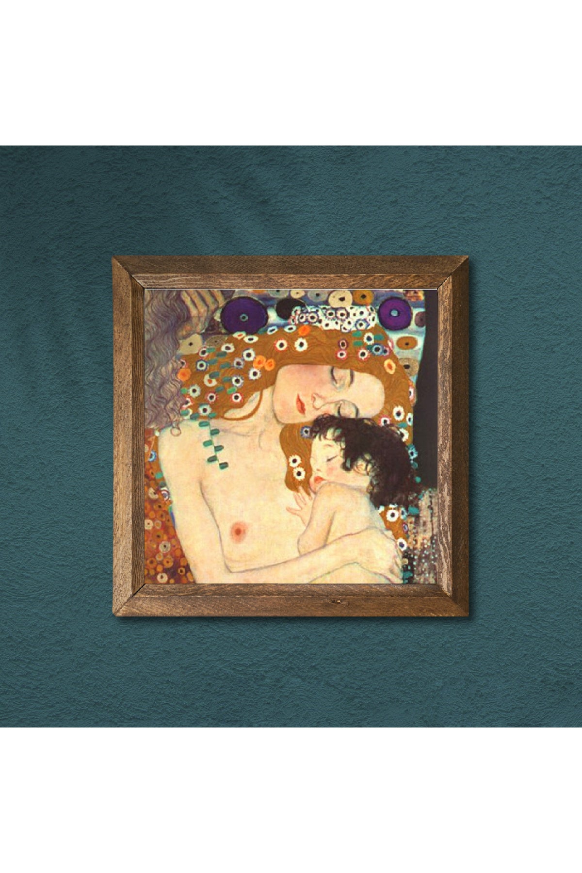 Gustav Klimt Anne Çocuk Taş Duvar Tablosu - Ahşap Çerçeveli Taş Tablo - 25x25 cm - Dekoratif Duvar Sanatı - Modern Ev ve Ofis Duvar Dekoru -W1-26
